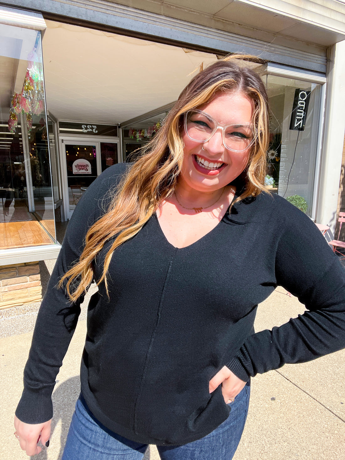 Hello Beautiful Black Front Seam V Neck Sweater