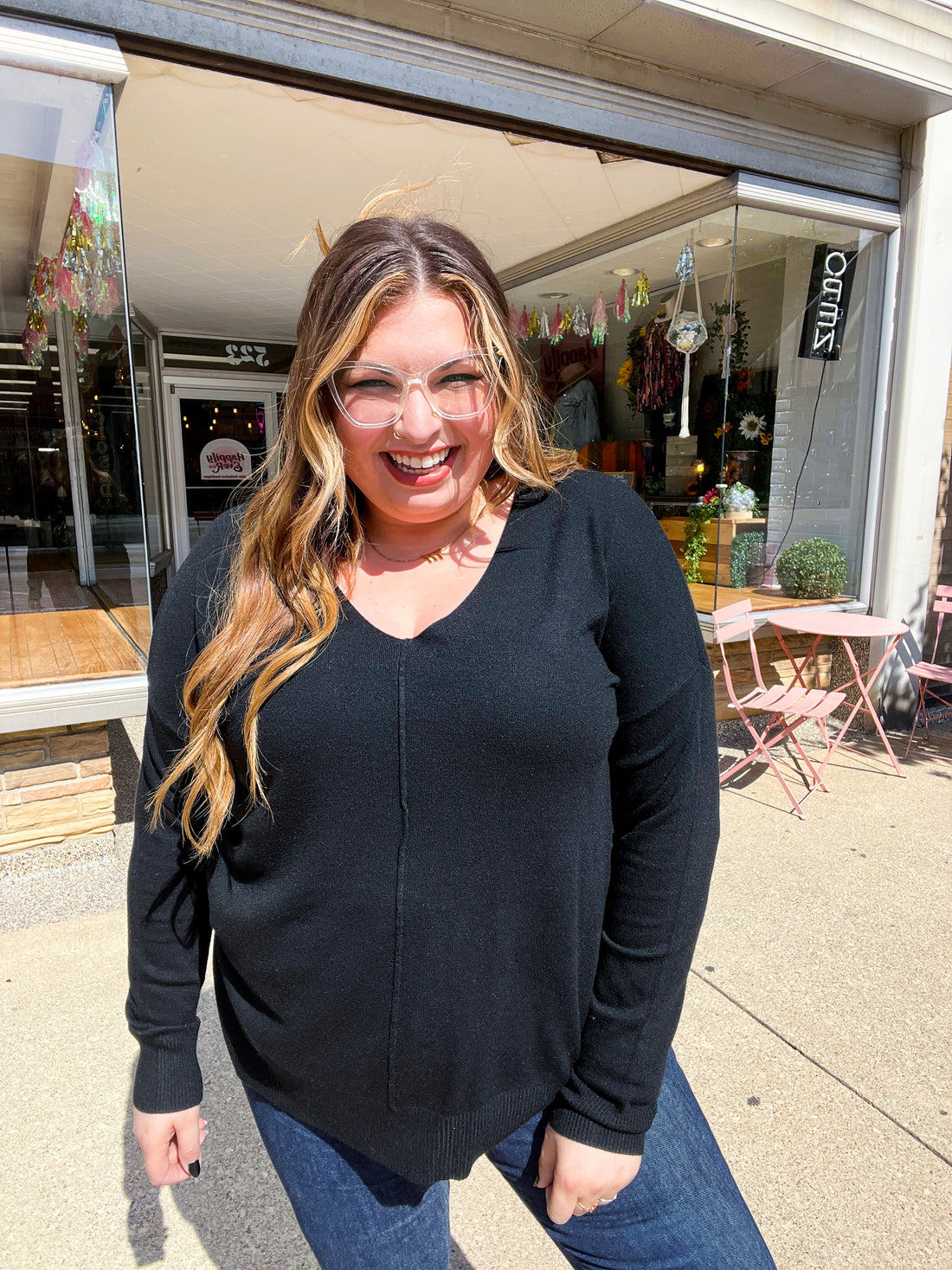 Hello Beautiful Black Front Seam V Neck Sweater