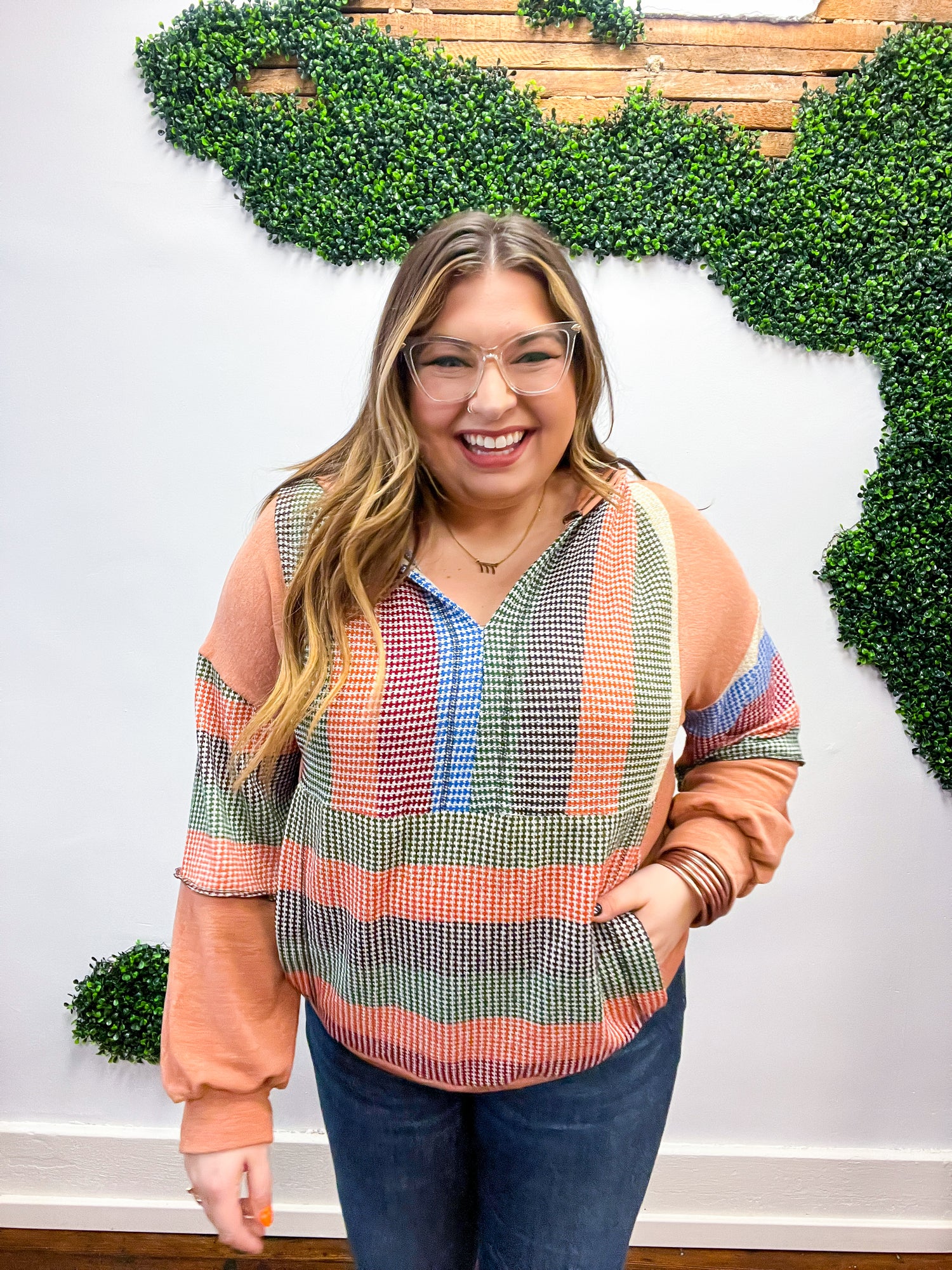 Feeling Vintage Rust &amp; Blue Stripe Textured Notched Hoodie