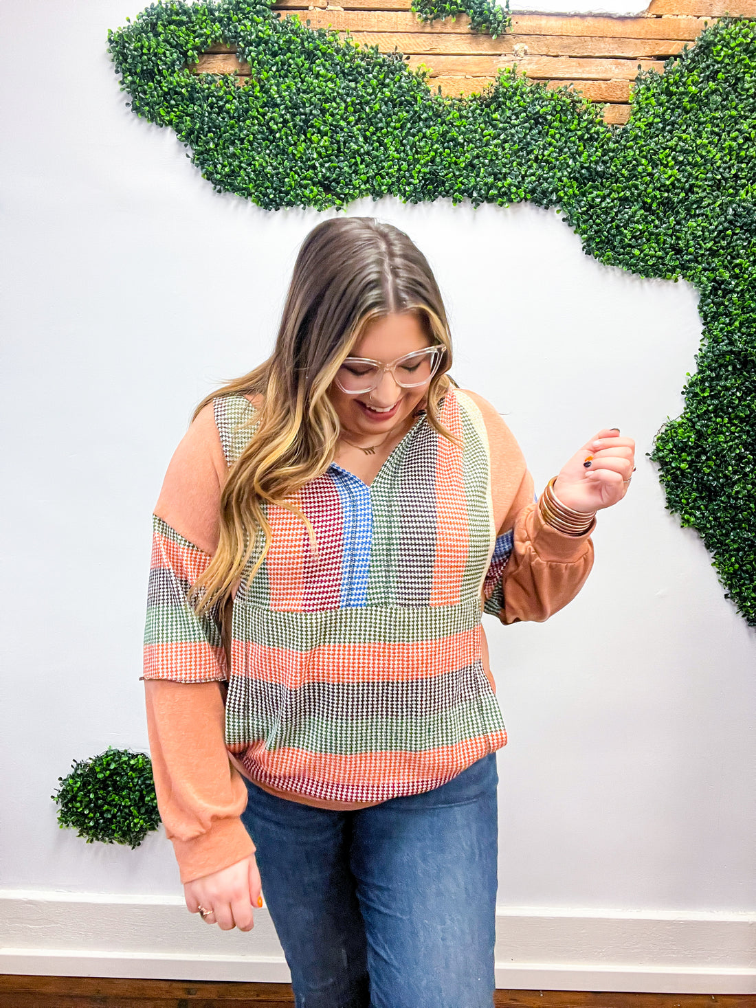 Feeling Vintage Rust &amp; Blue Stripe Textured Notched Hoodie