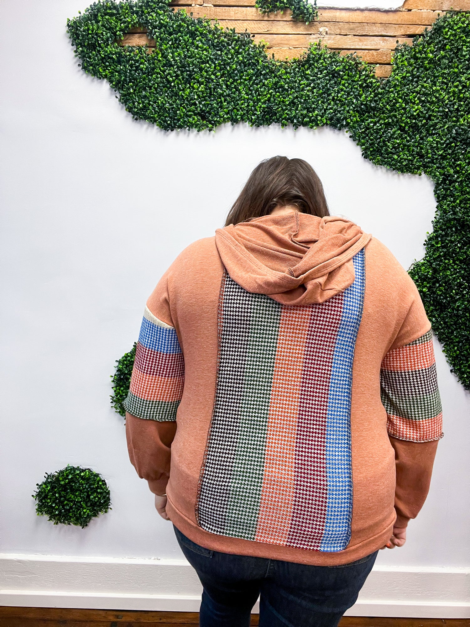 Feeling Vintage Rust &amp; Blue Stripe Textured Notched Hoodie
