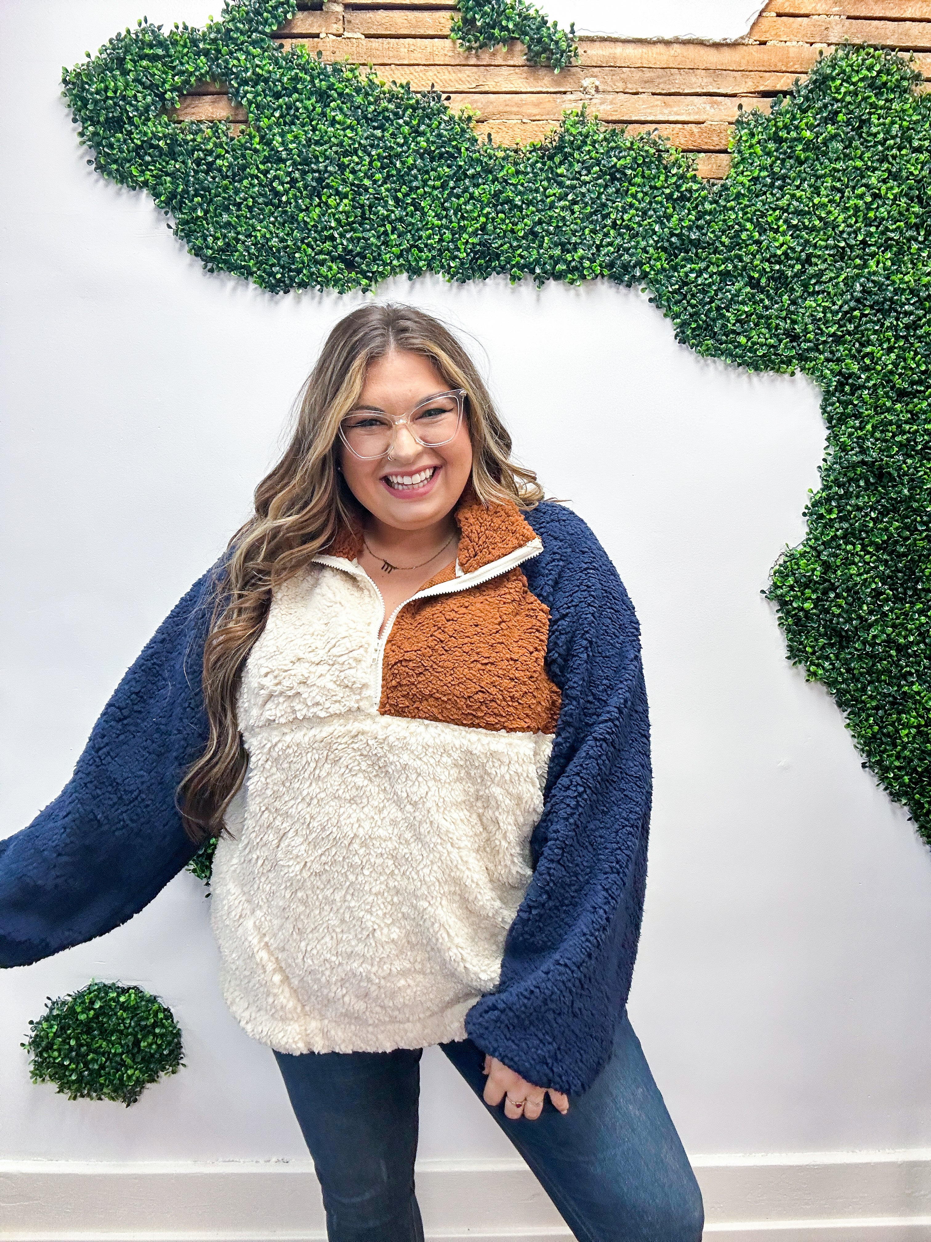 Seize The Day Navy & Taupe Quarter Zip Sherpa Pullover