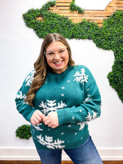 Season Greetings Hunter Green Puffy Snowflake Jacquard Sweater