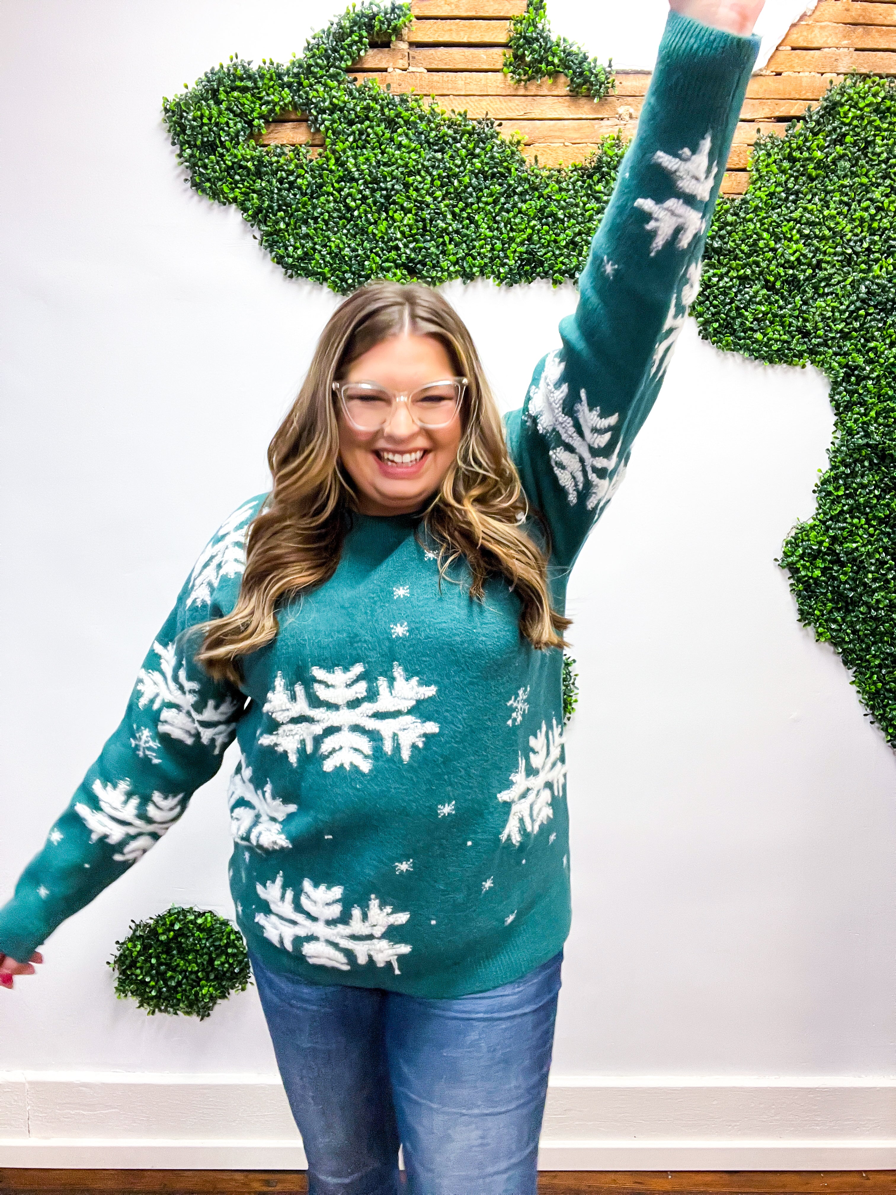 Season Greetings Hunter Green Puffy Snowflake Jacquard Sweater