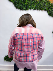 Everyday Bliss Pink & Navy Plaid Color Block Button Down Top