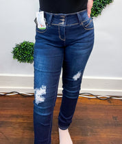 Mid Rise WannaBettaButt 3 Button Distressed Tummy Control Skinny Jeans by RFM  - Dark Wash