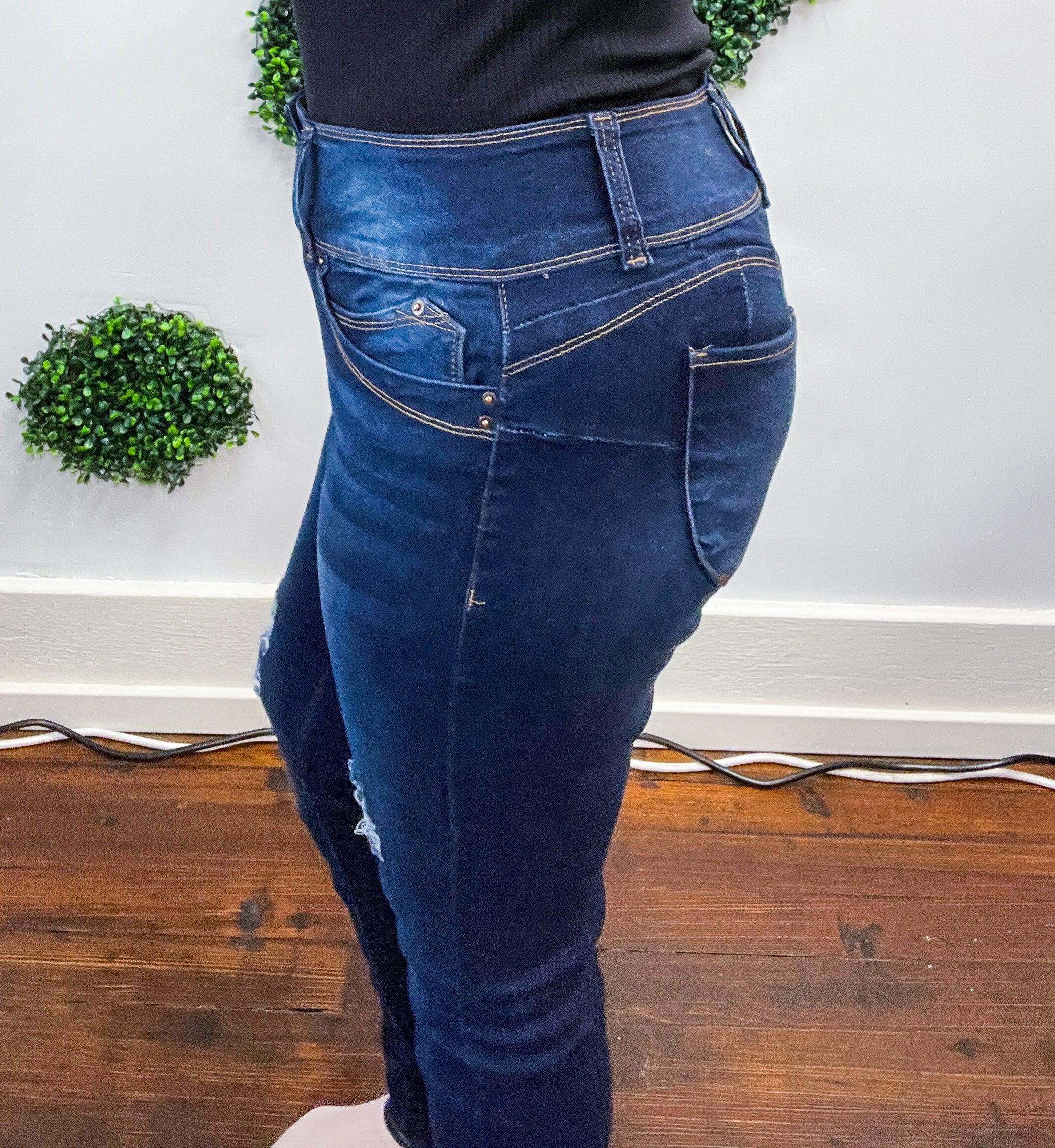 Mid Rise WannaBettaButt 3 Button Distressed Tummy Control Skinny Jeans by RFM  - Dark Wash