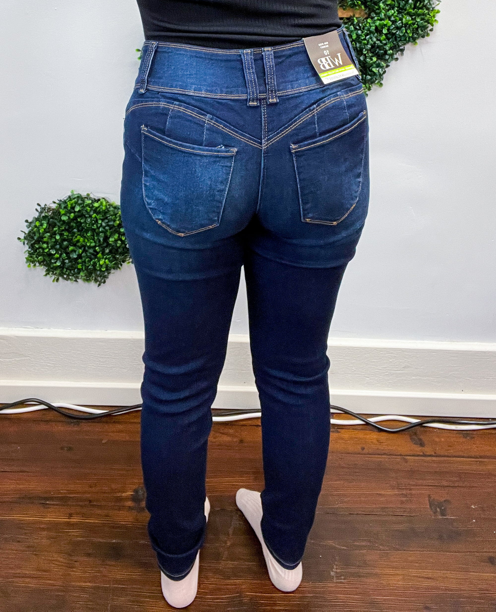Mid Rise WannaBettaButt 3 Button Distressed Tummy Control Skinny Jeans by RFM  - Dark Wash