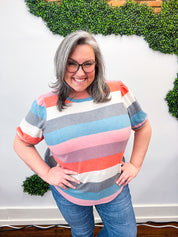 Look Out Teal & Rose Striped Hacci Knit Puff Sleeve Top