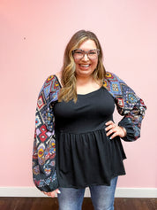 Crazy For You Black Square Neck Border Print Bubble Sleeve Top