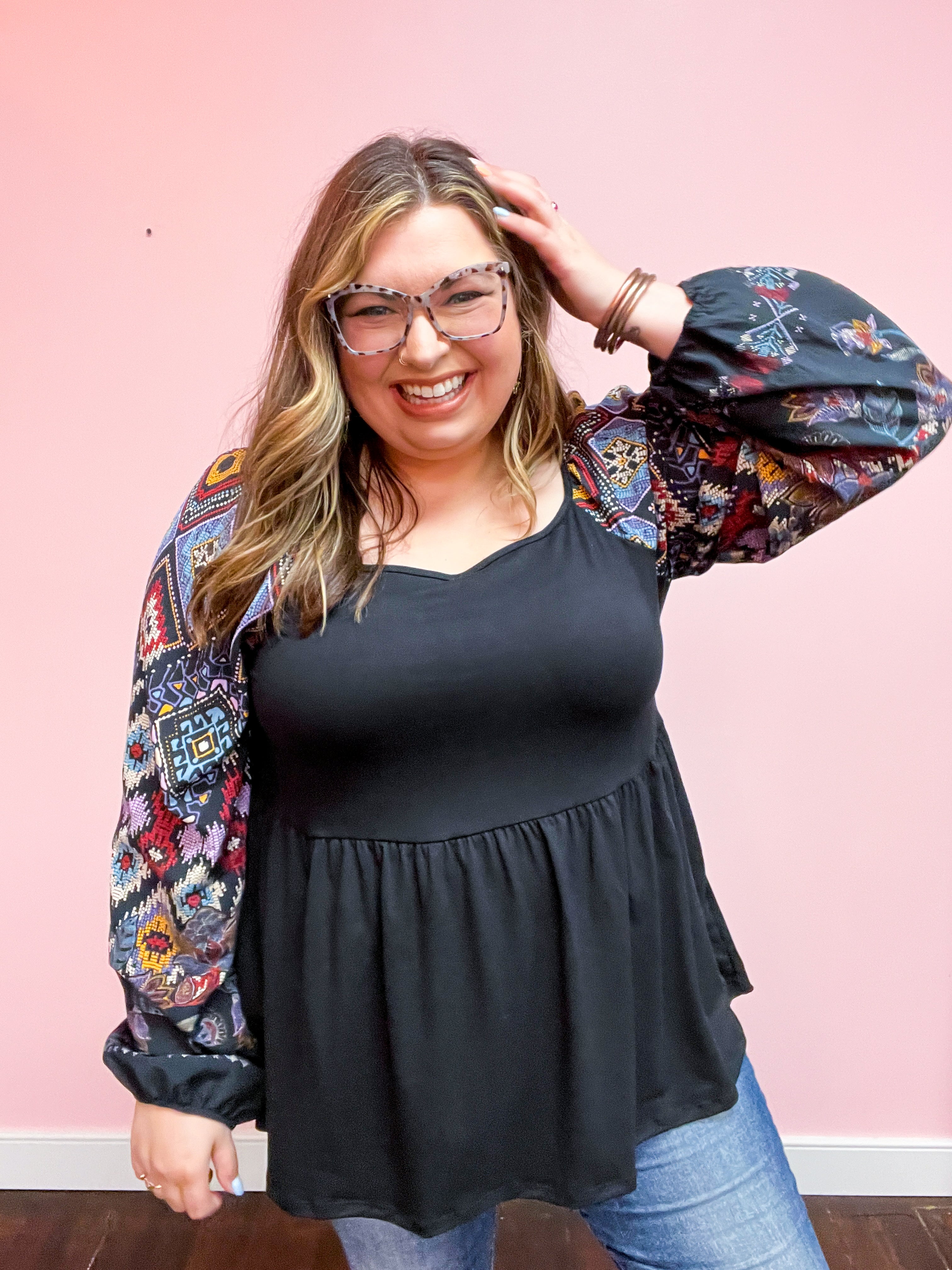 Crazy For You Black Square Neck Border Print Bubble Sleeve Top