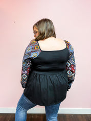 Crazy For You Black Square Neck Border Print Bubble Sleeve Top