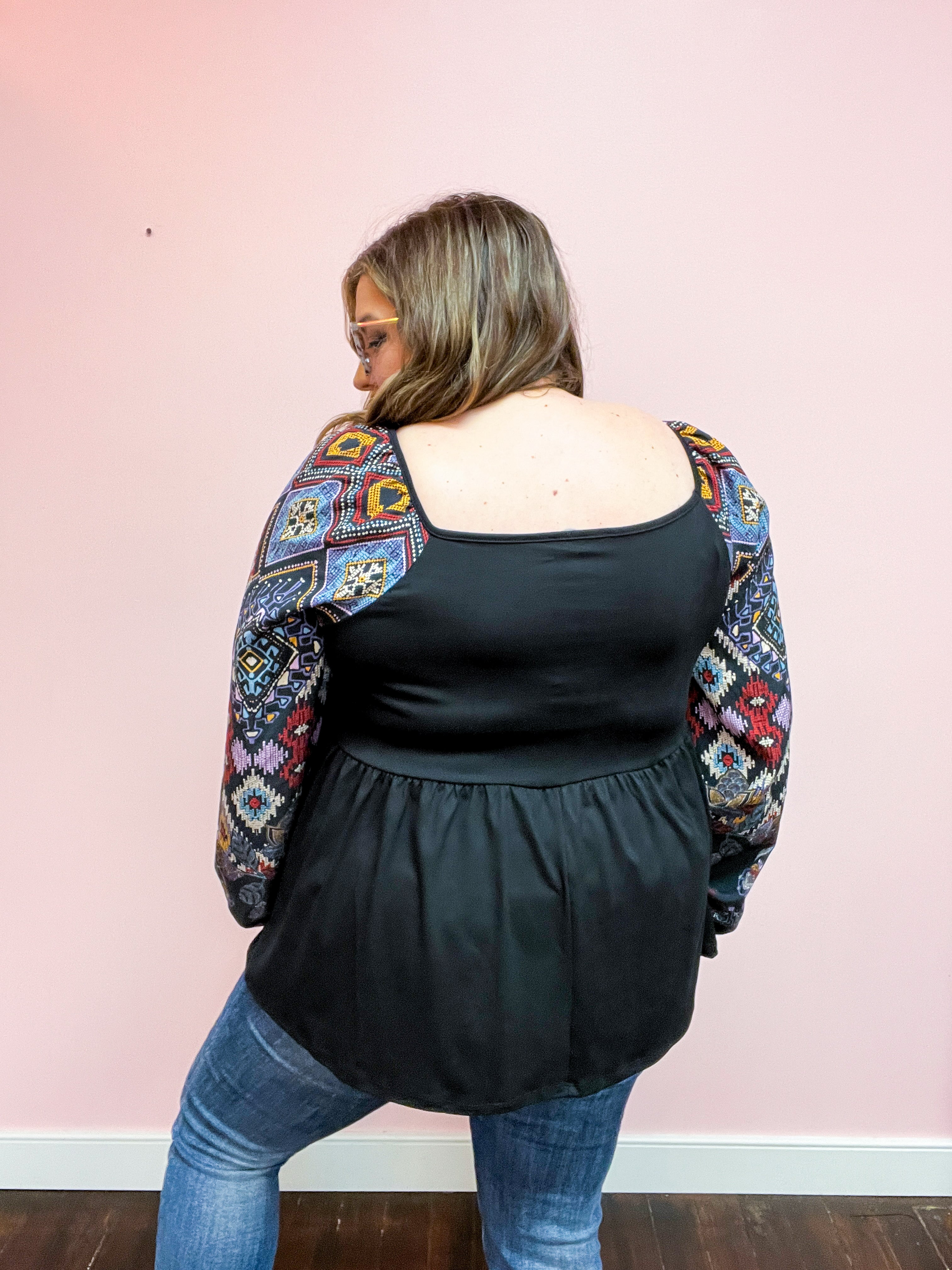 Crazy For You Black Square Neck Border Print Bubble Sleeve Top