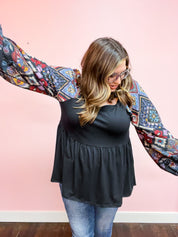 Crazy For You Black Square Neck Border Print Bubble Sleeve Top