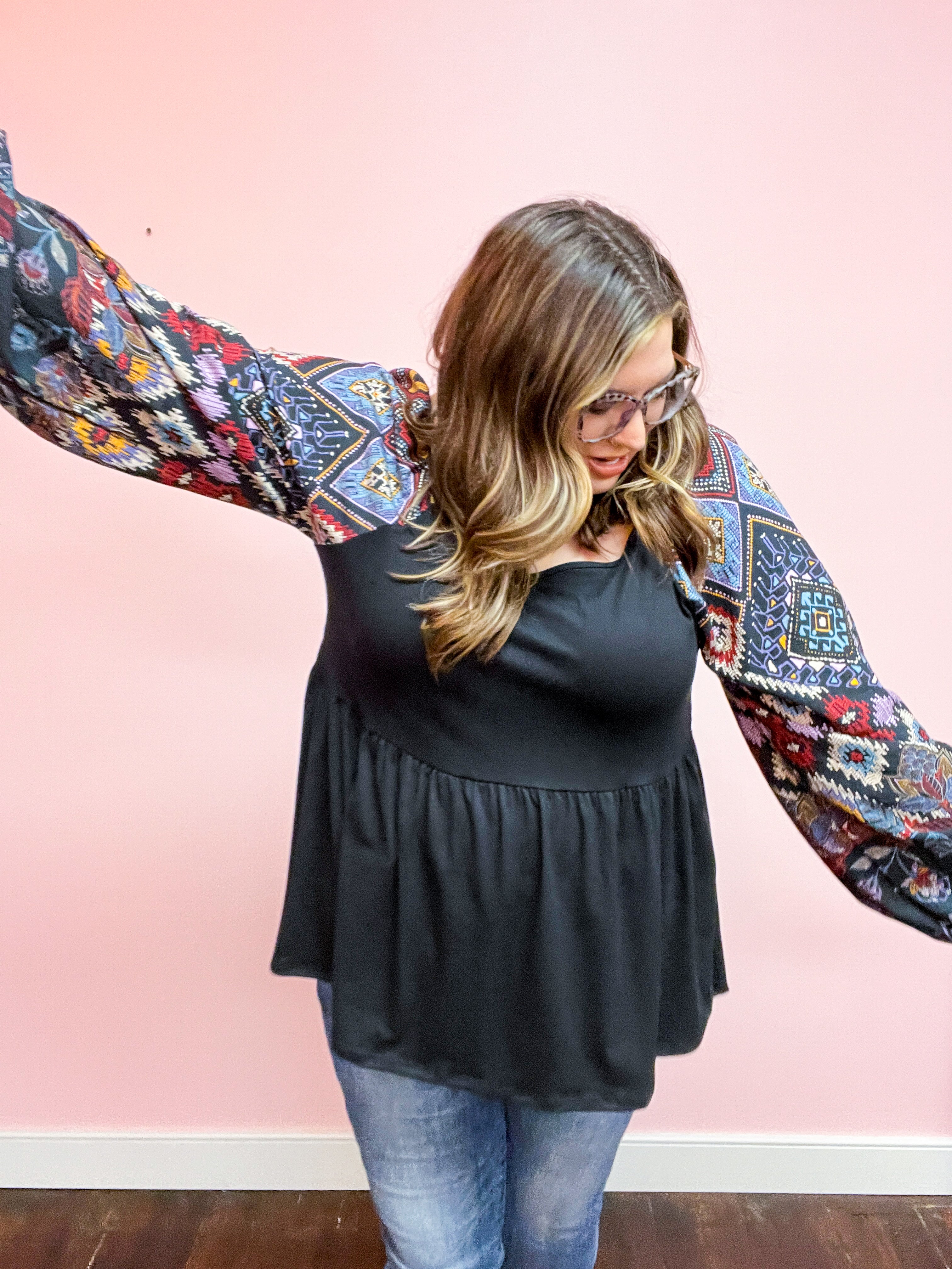 Crazy For You Black Square Neck Border Print Bubble Sleeve Top
