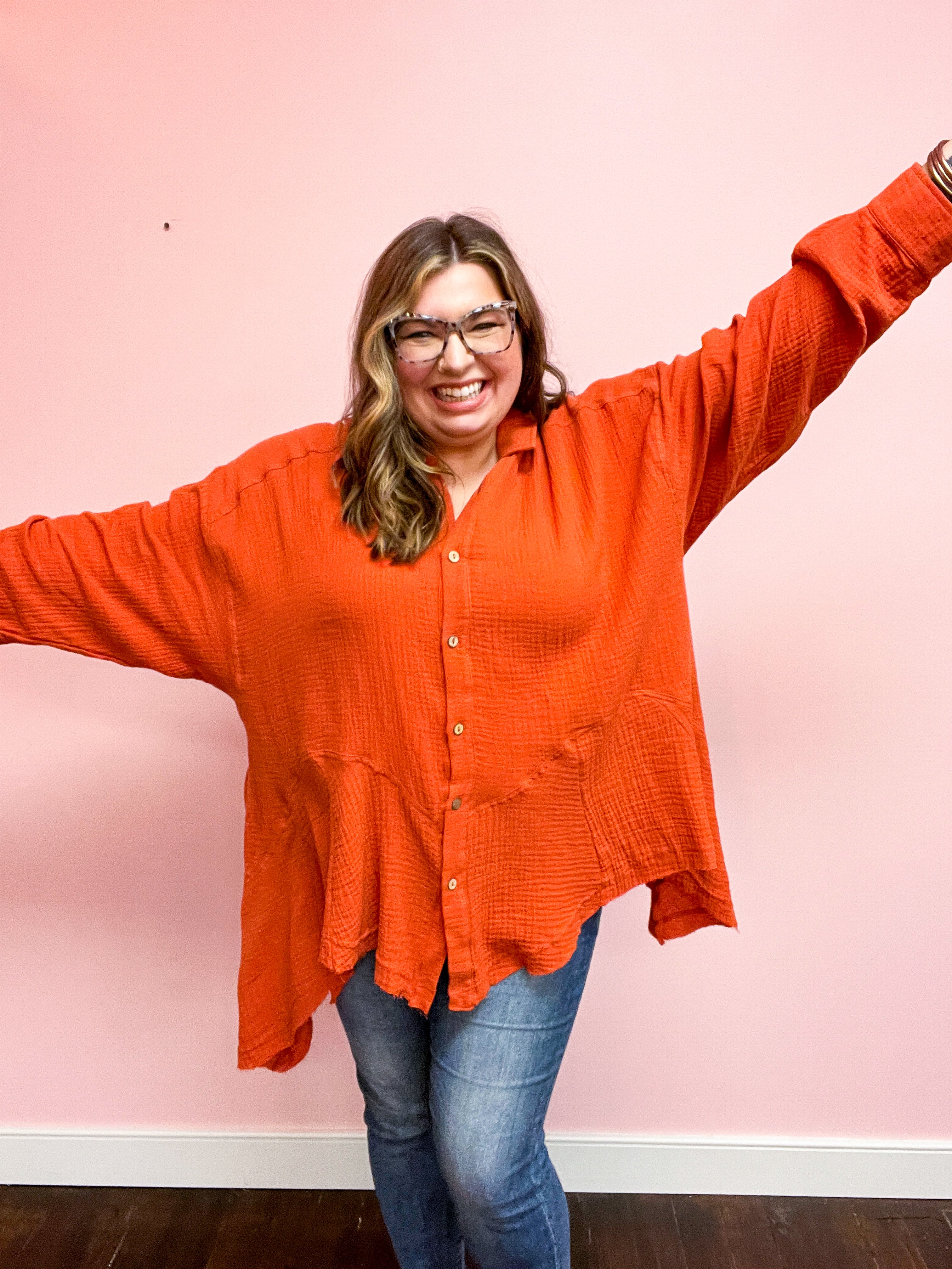 Life Is But A Dream Rust Button Down Sharkbite Cotton Tunic Top