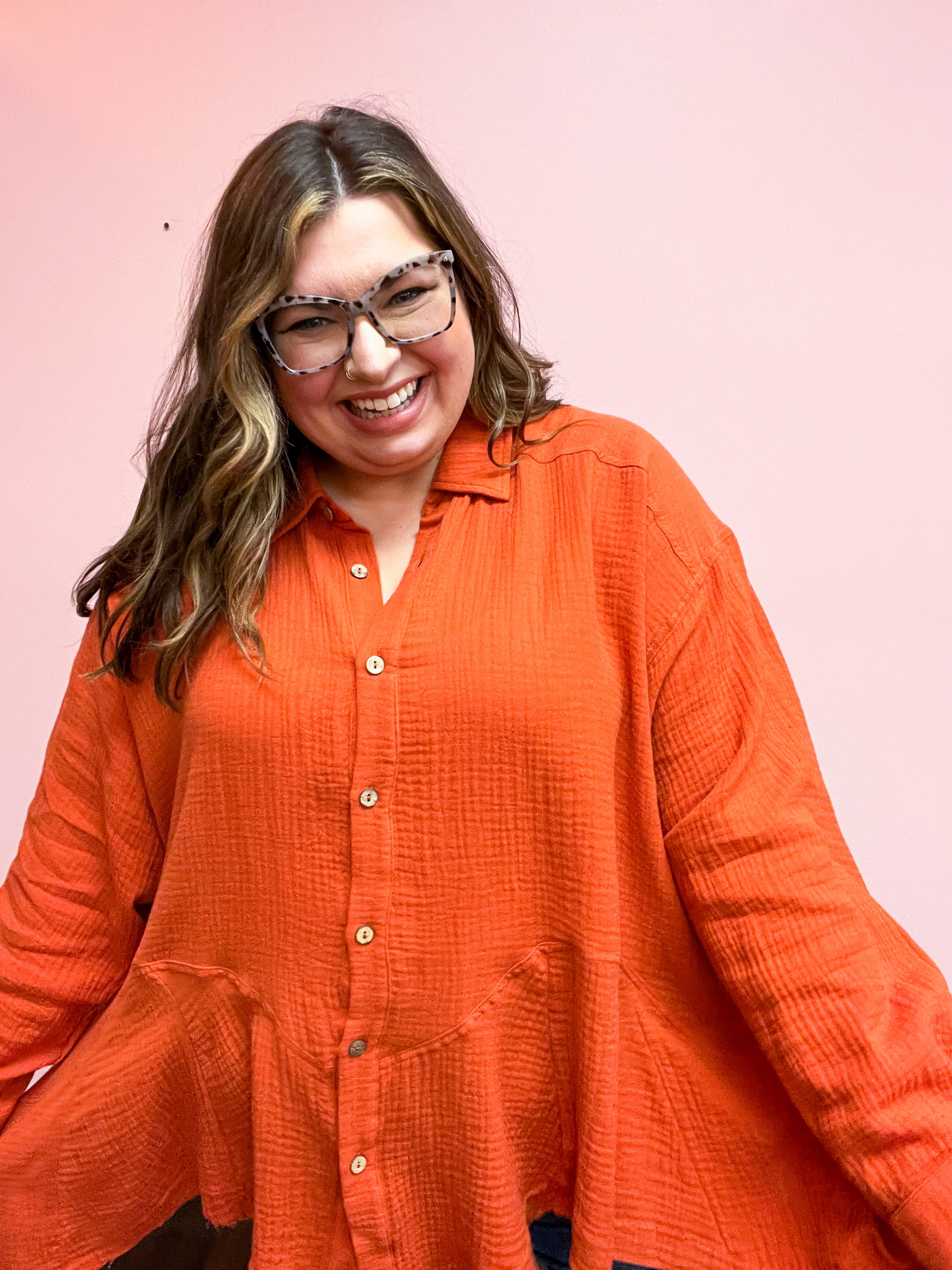 Life Is But A Dream Rust Button Down Sharkbite Cotton Tunic Top