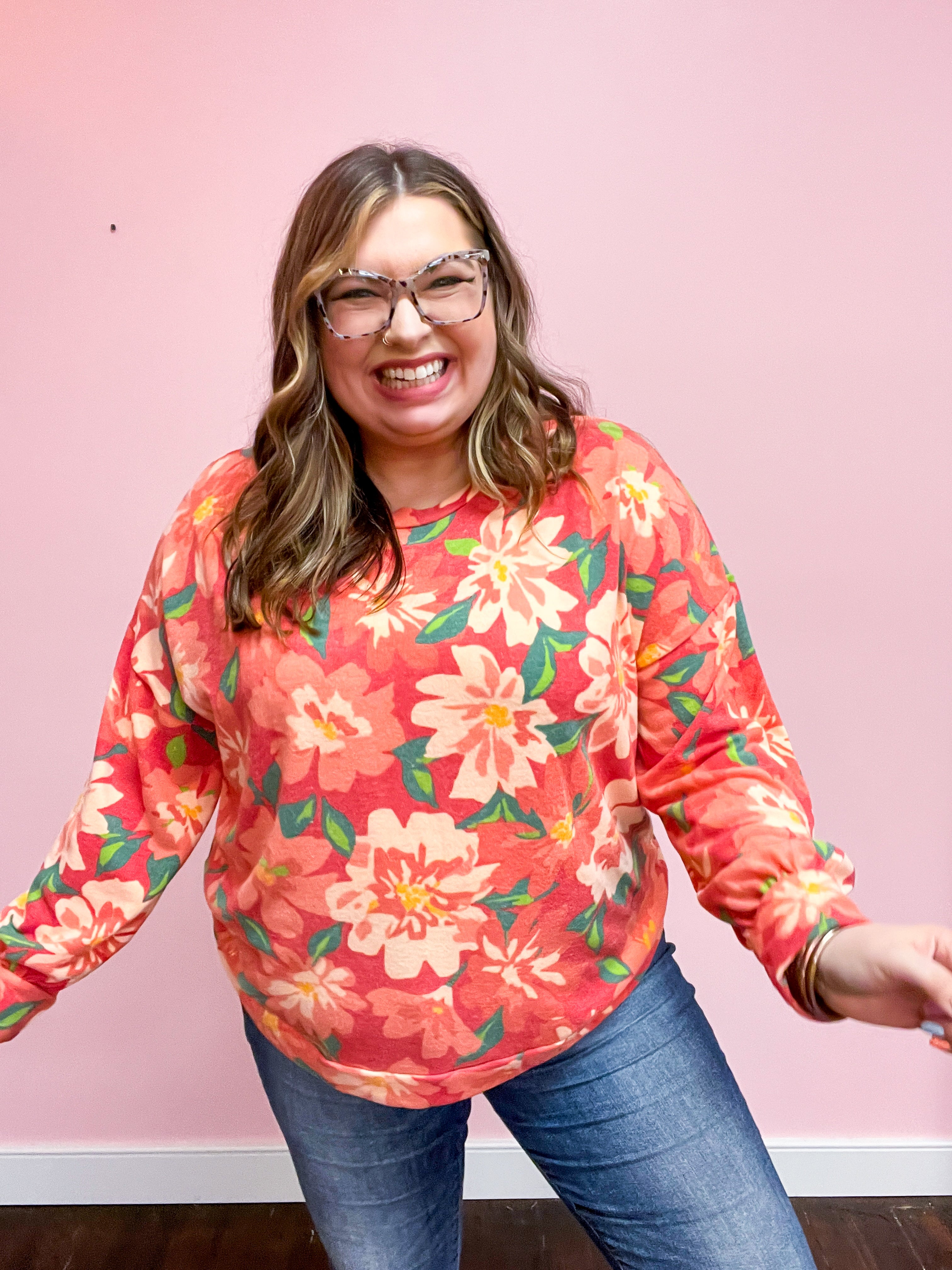 Feels Like Fall Red Floral Brushed Hacci Sweater Top