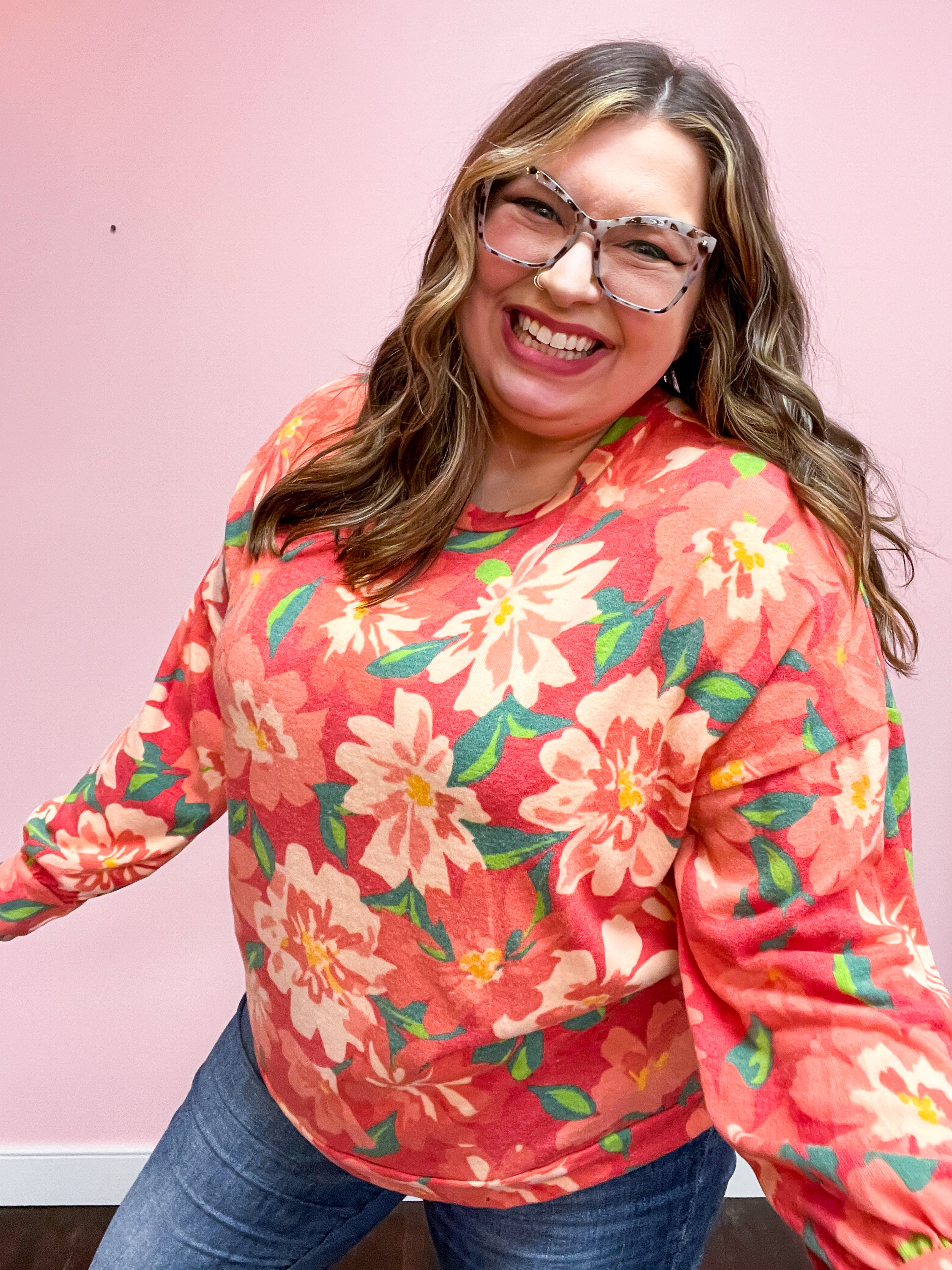 Feels Like Fall Red Floral Brushed Hacci Sweater Top