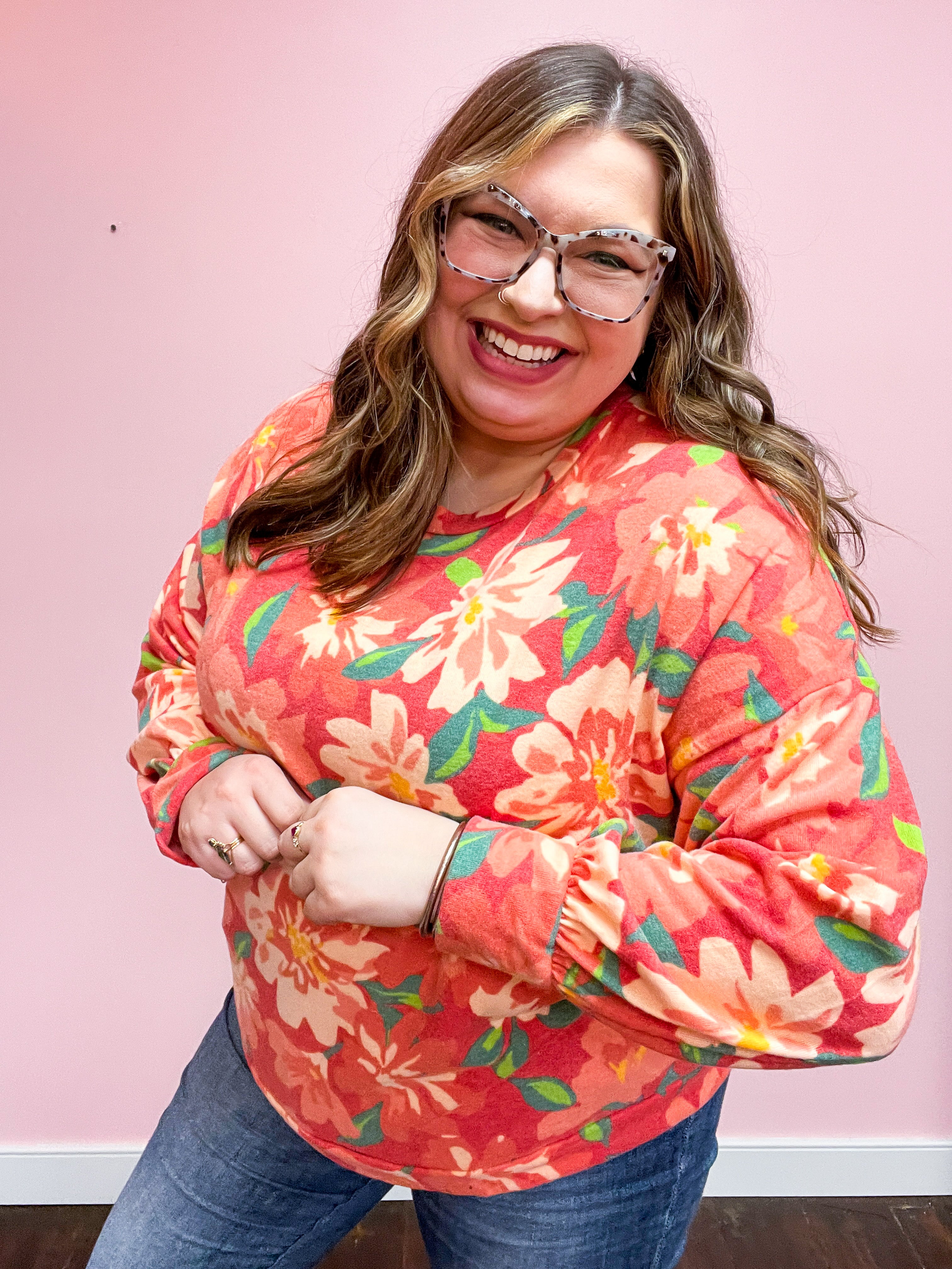 Feels Like Fall Red Floral Brushed Hacci Sweater Top