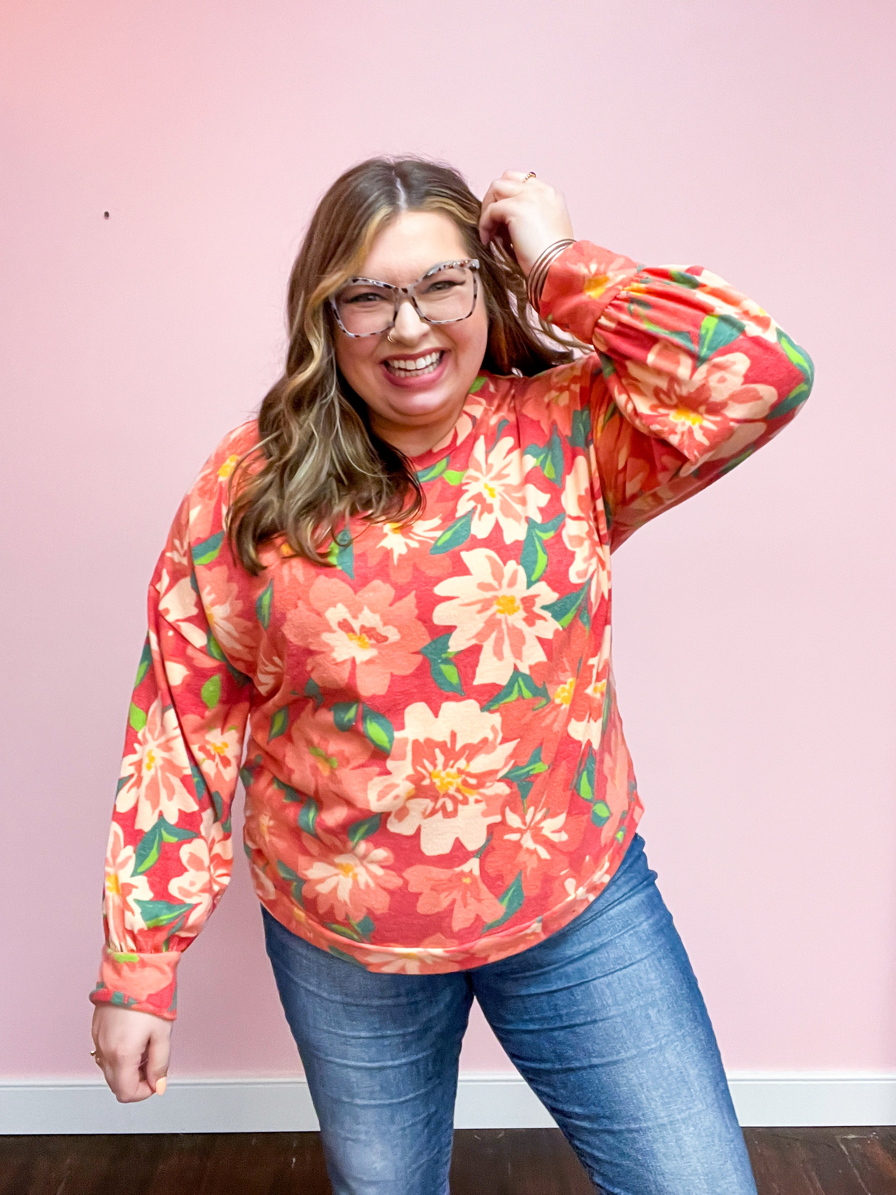 Feels Like Fall Red Floral Brushed Hacci Sweater Top