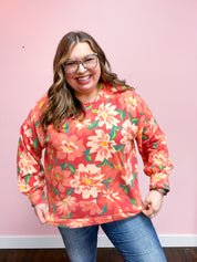 Feels Like Fall Red Floral Brushed Hacci Sweater Top