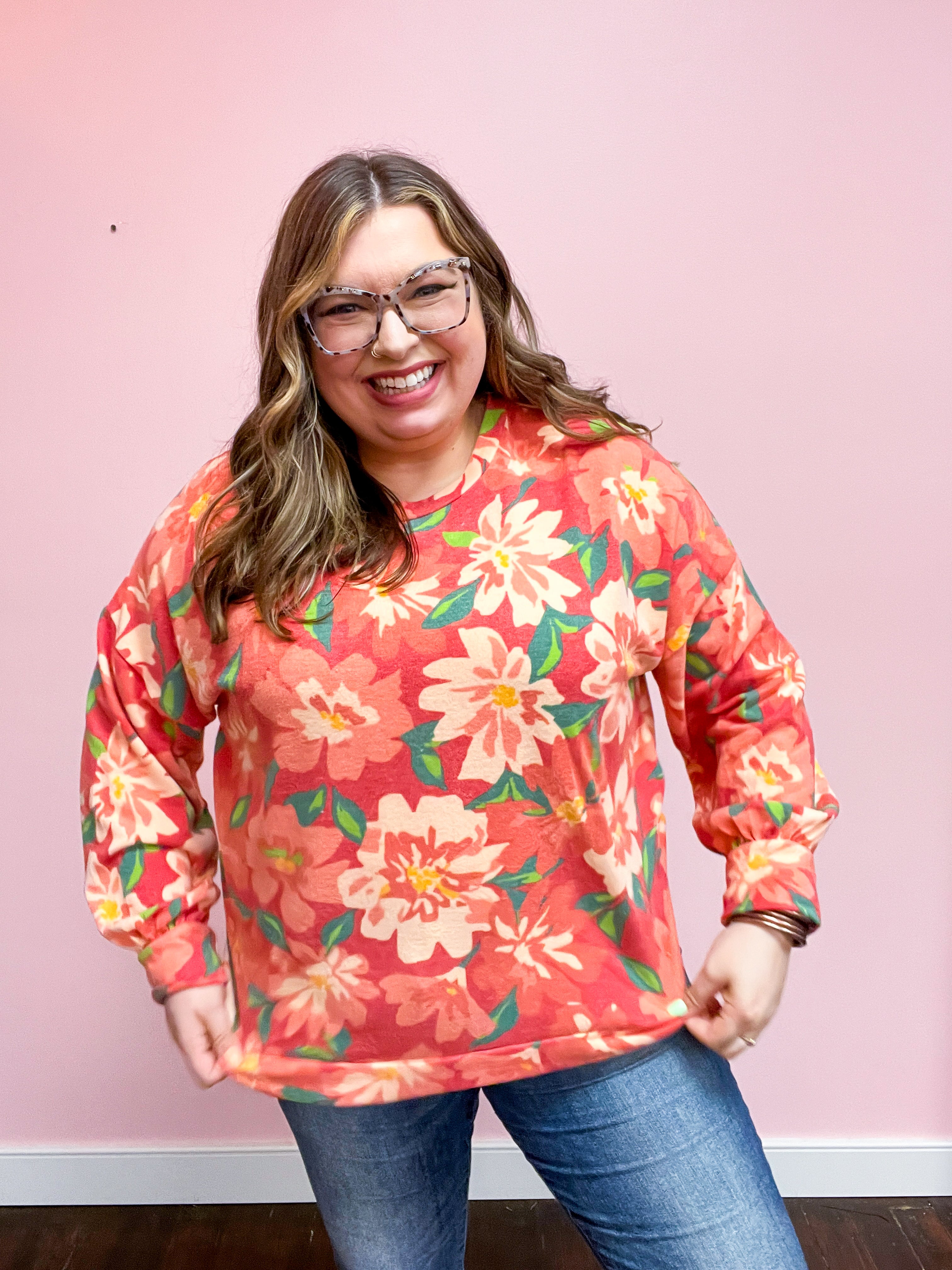 Feels Like Fall Red Floral Brushed Hacci Sweater Top