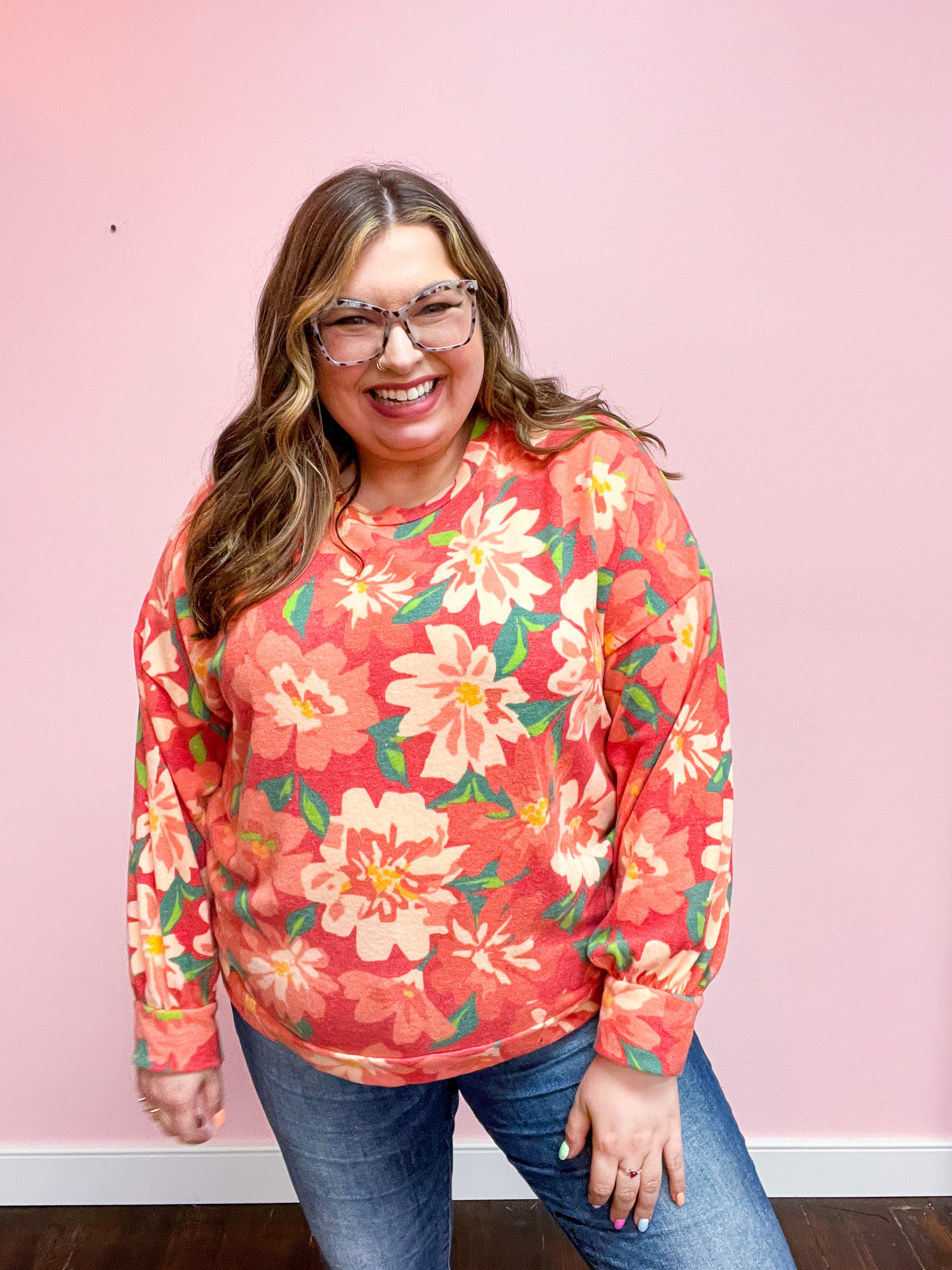 Feels Like Fall Red Floral Brushed Hacci Sweater Top