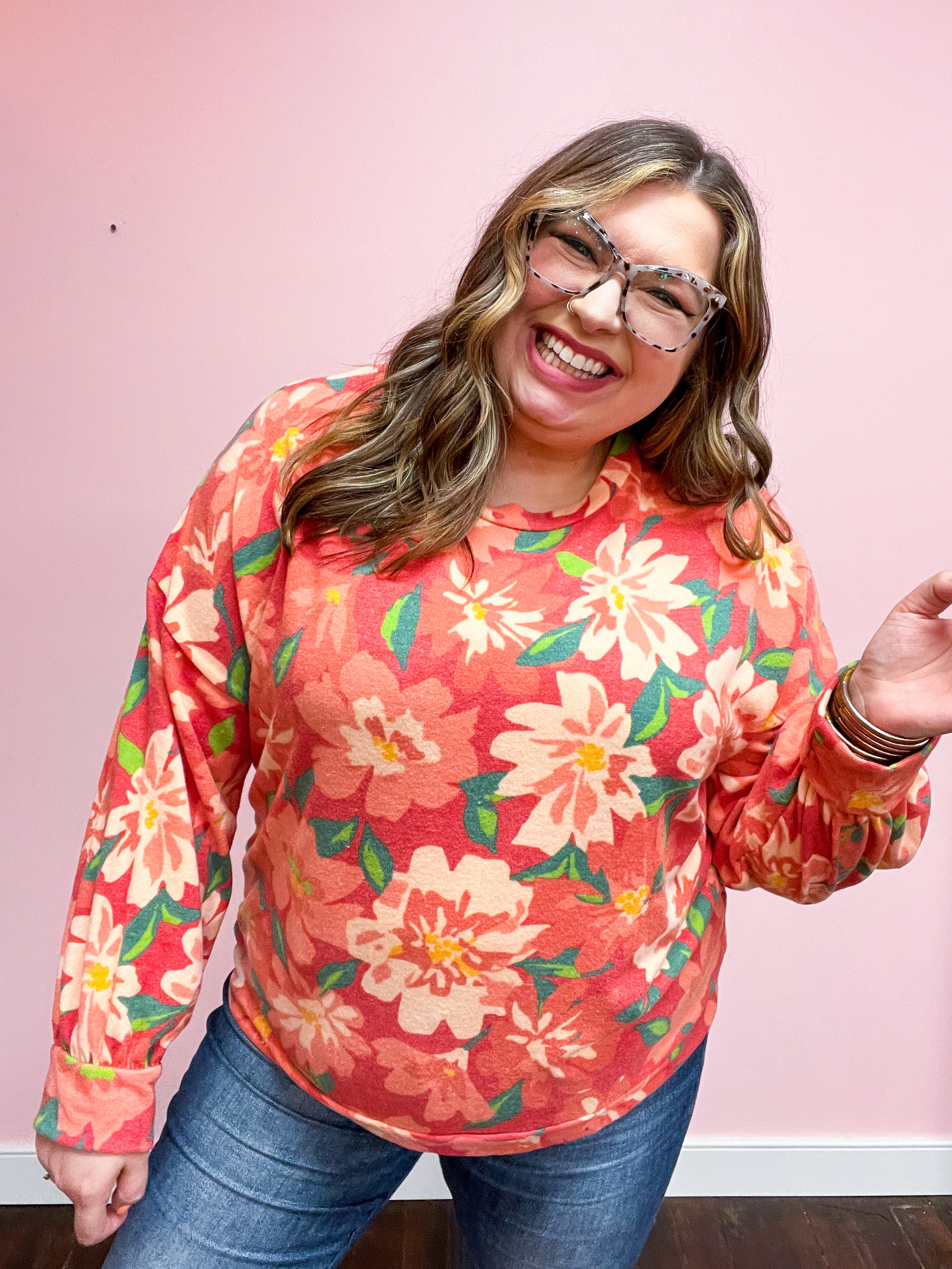 Feels Like Fall Red Floral Brushed Hacci Sweater Top