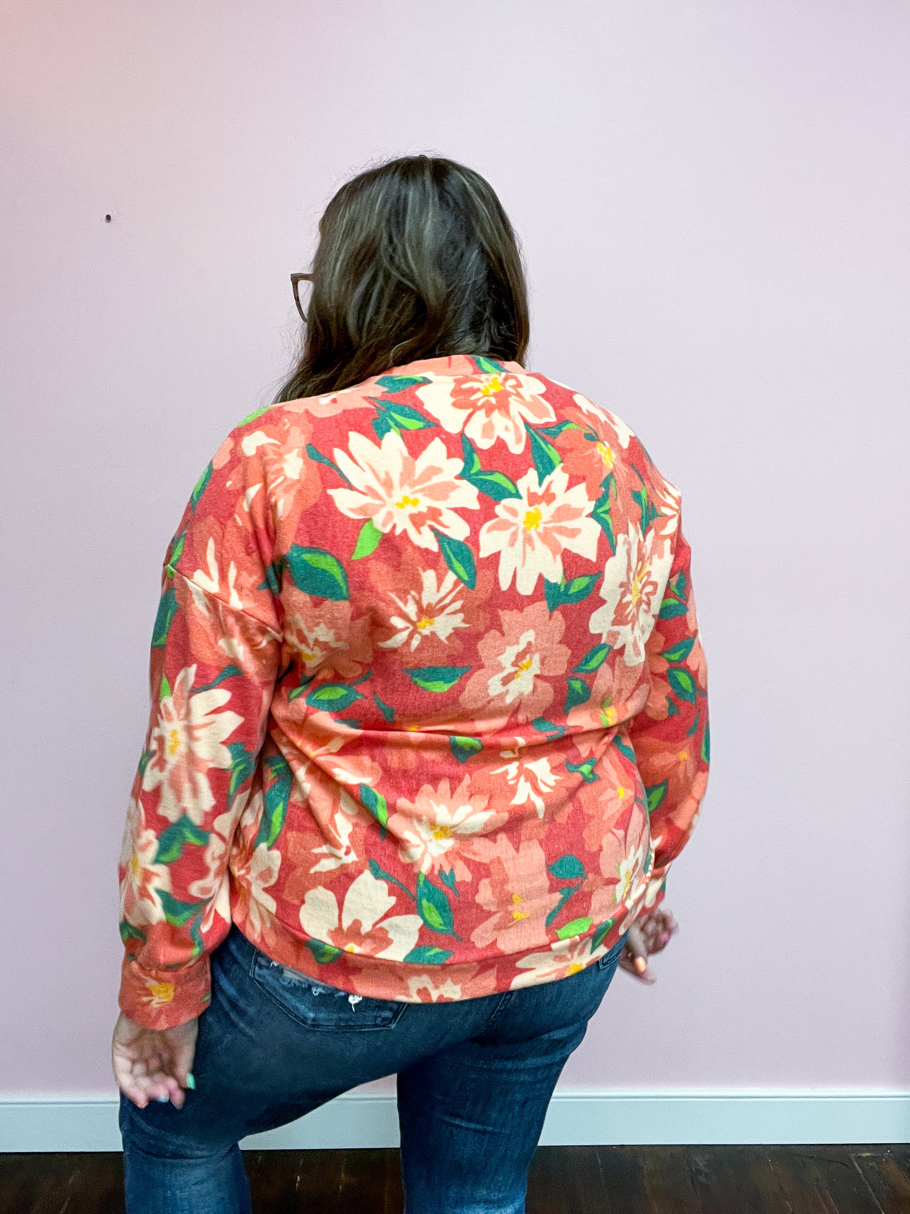Feels Like Fall Red Floral Brushed Hacci Sweater Top