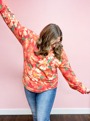 Feels Like Fall Red Floral Brushed Hacci Sweater Top
