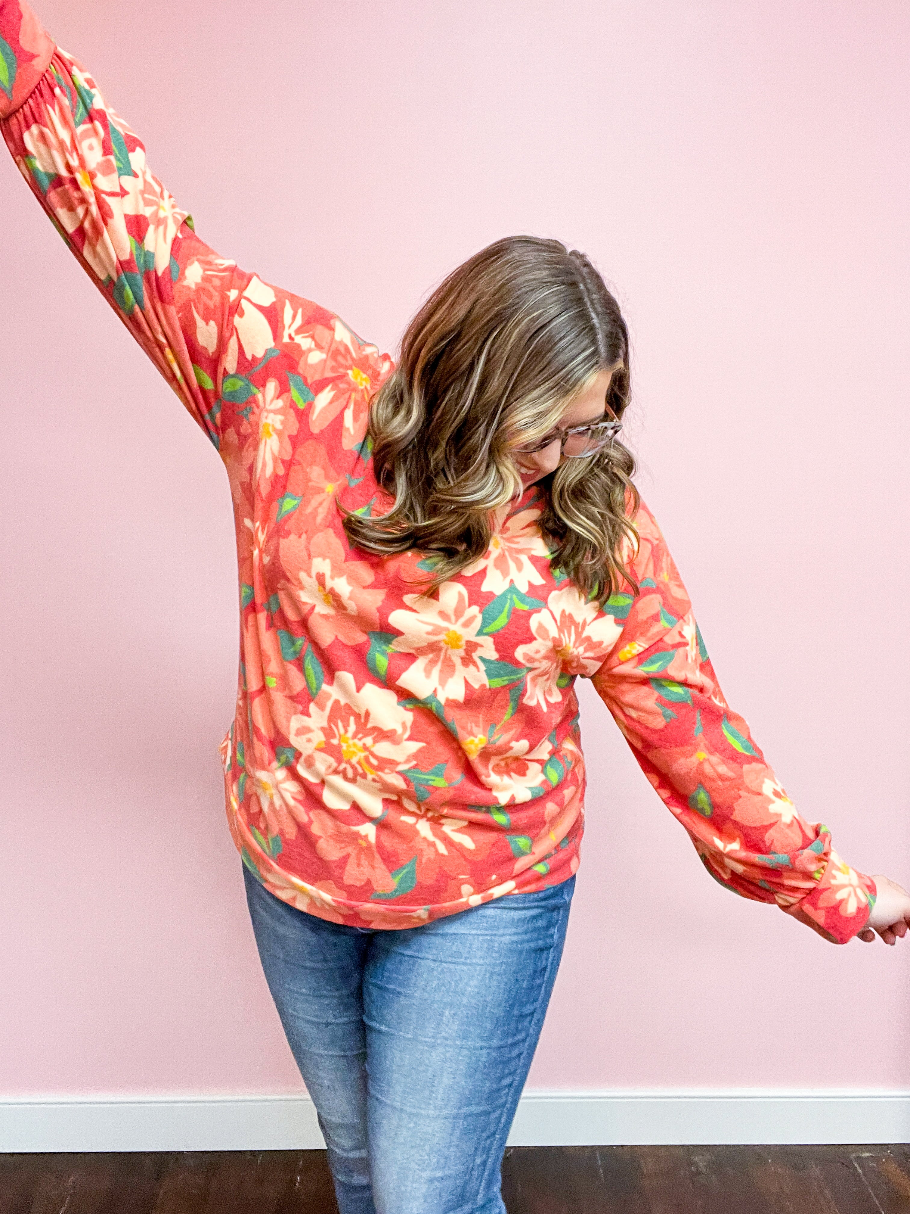 Feels Like Fall Red Floral Brushed Hacci Sweater Top