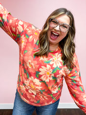 Feels Like Fall Red Floral Brushed Hacci Sweater Top