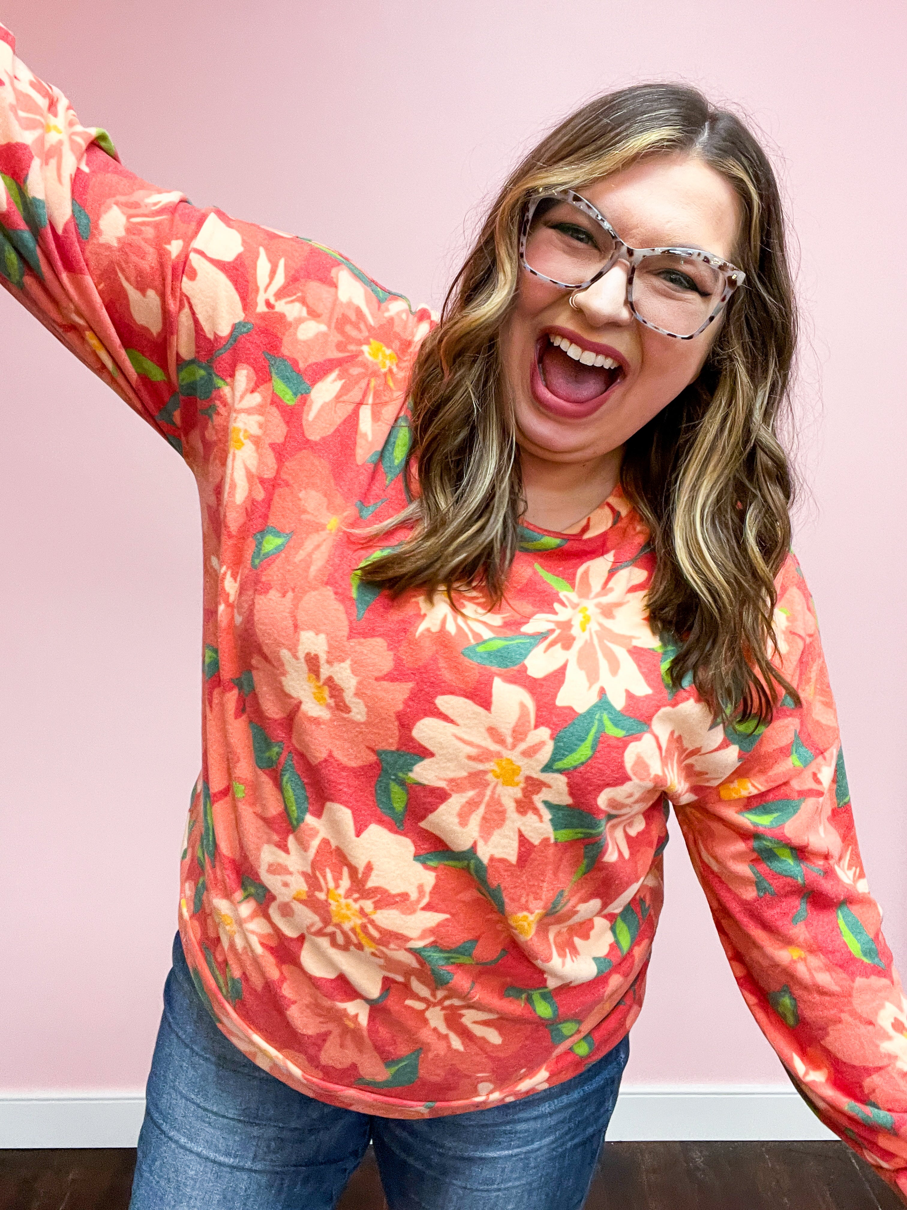 Feels Like Fall Red Floral Brushed Hacci Sweater Top