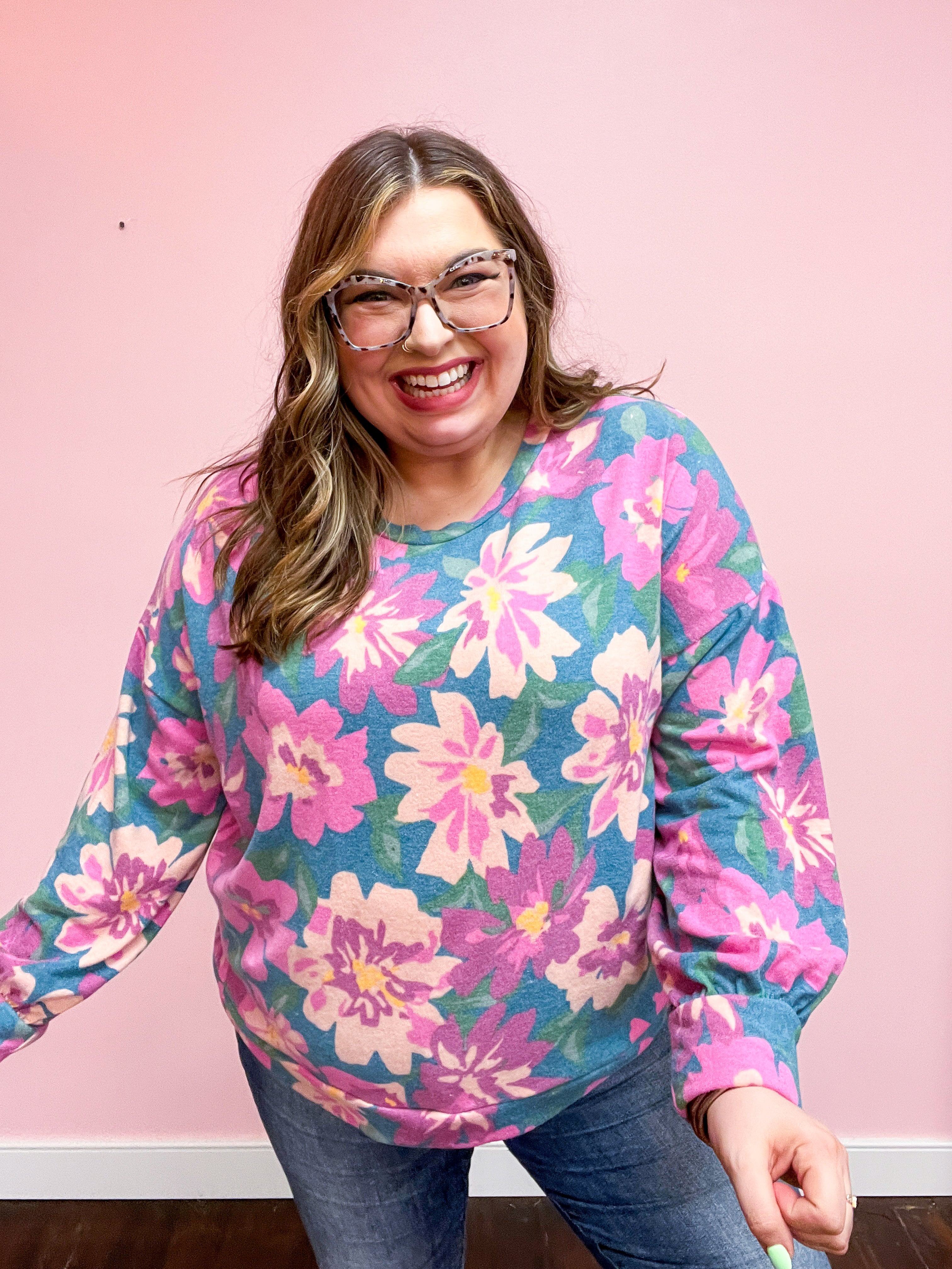 Feels Like Fall Teal Floral Brushed Hacci Sweater Top