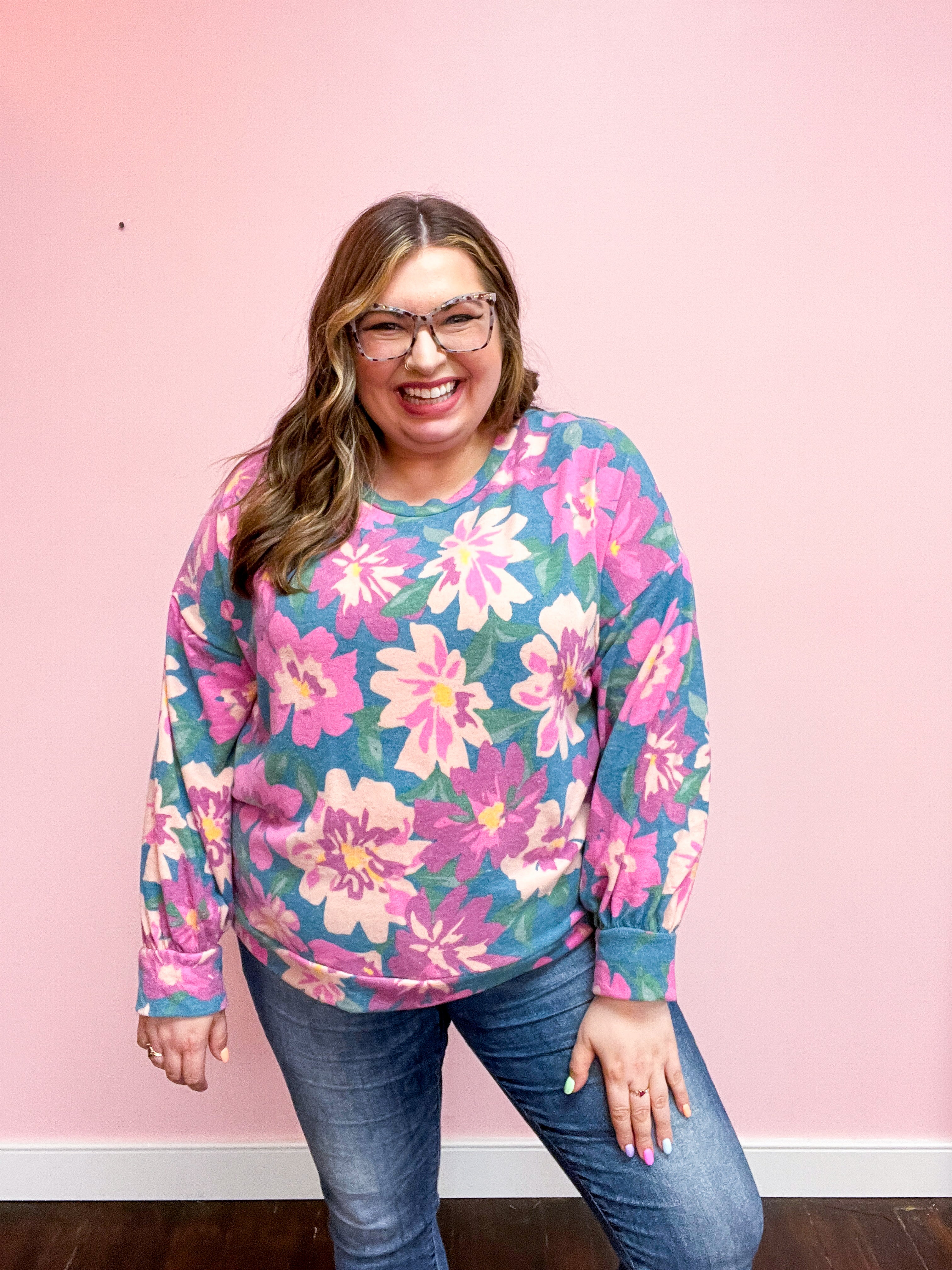 Feels Like Fall Teal Floral Brushed Hacci Sweater Top