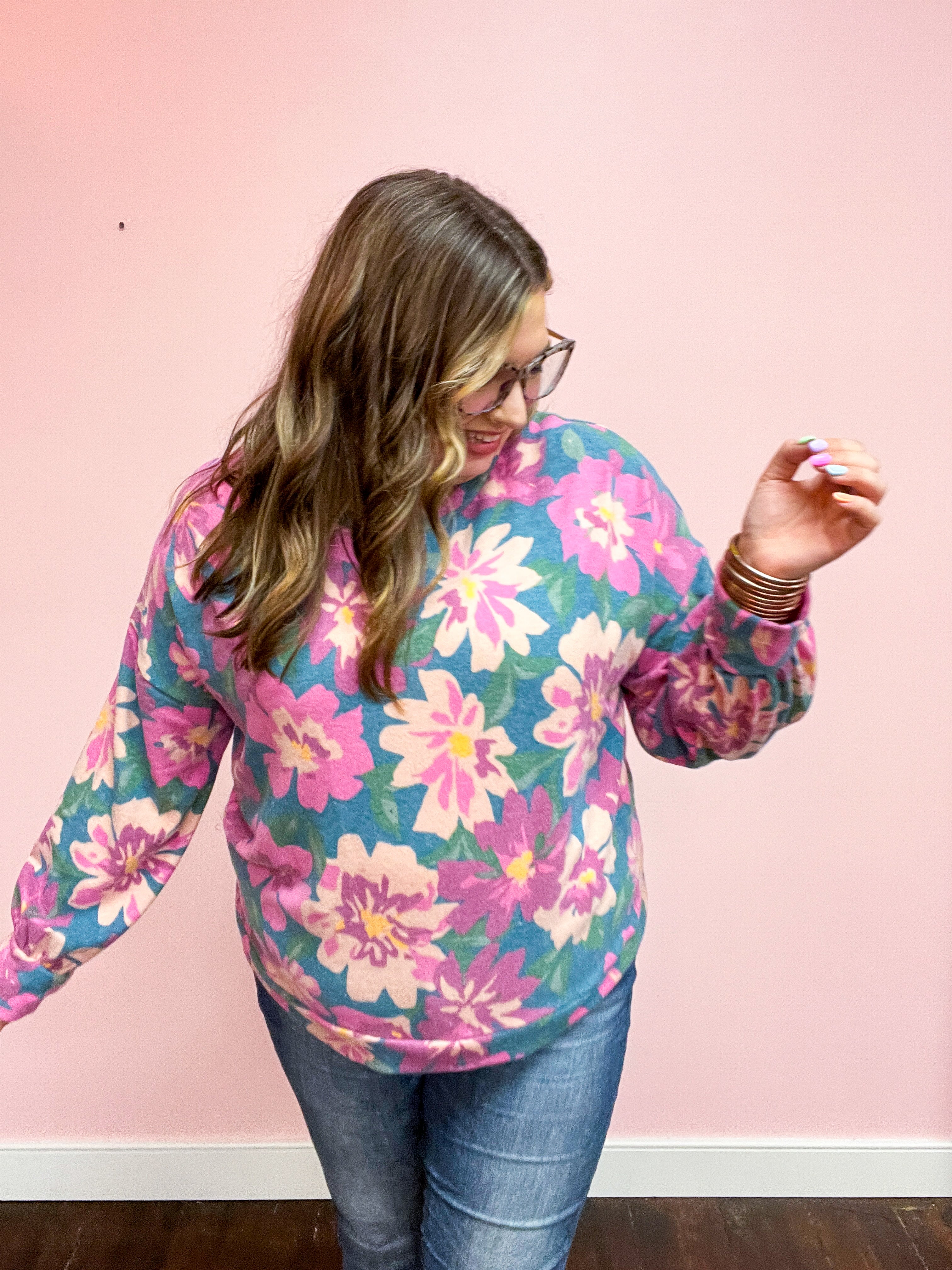 Feels Like Fall Teal Floral Brushed Hacci Sweater Top