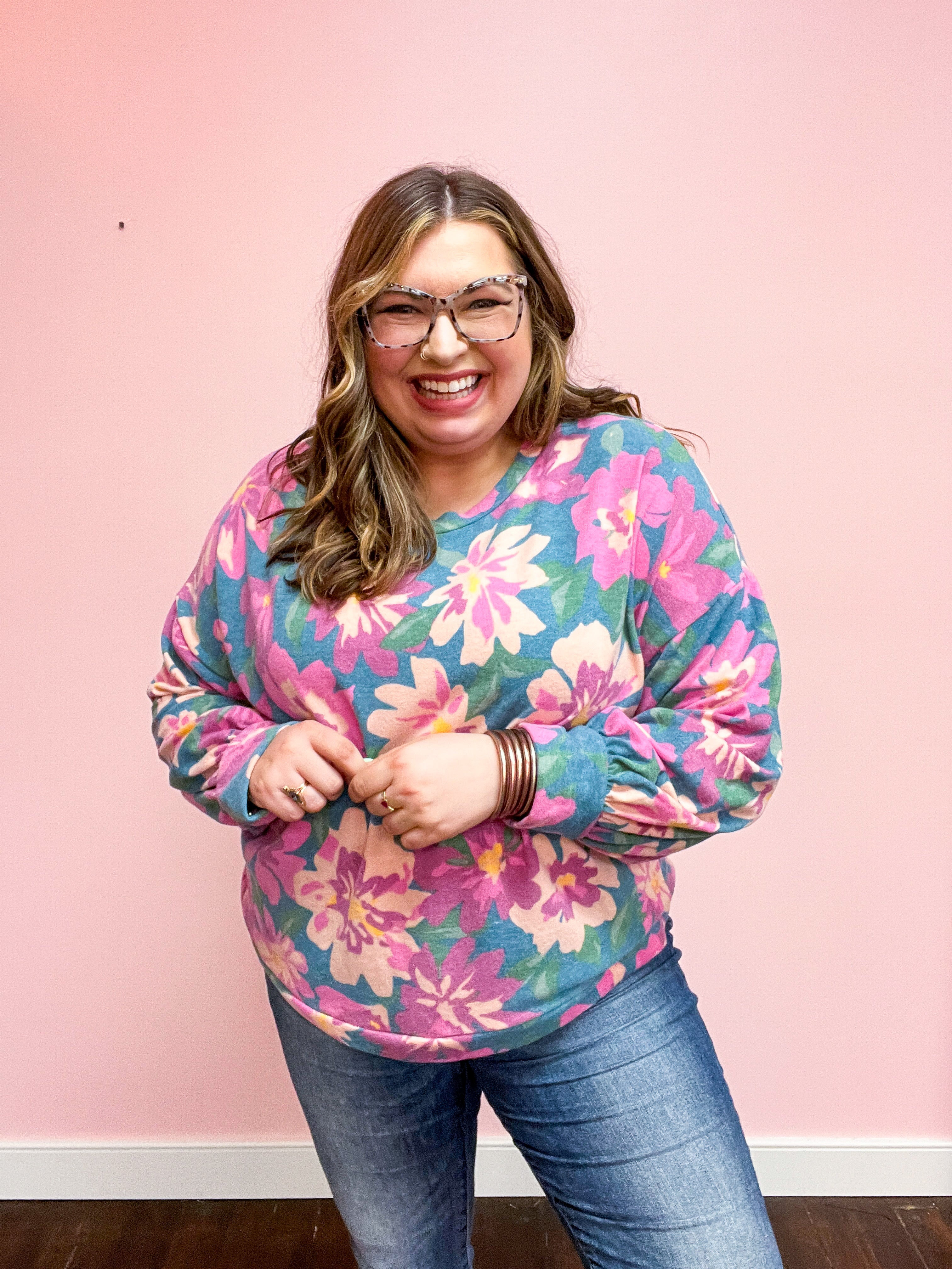 Feels Like Fall Teal Floral Brushed Hacci Sweater Top