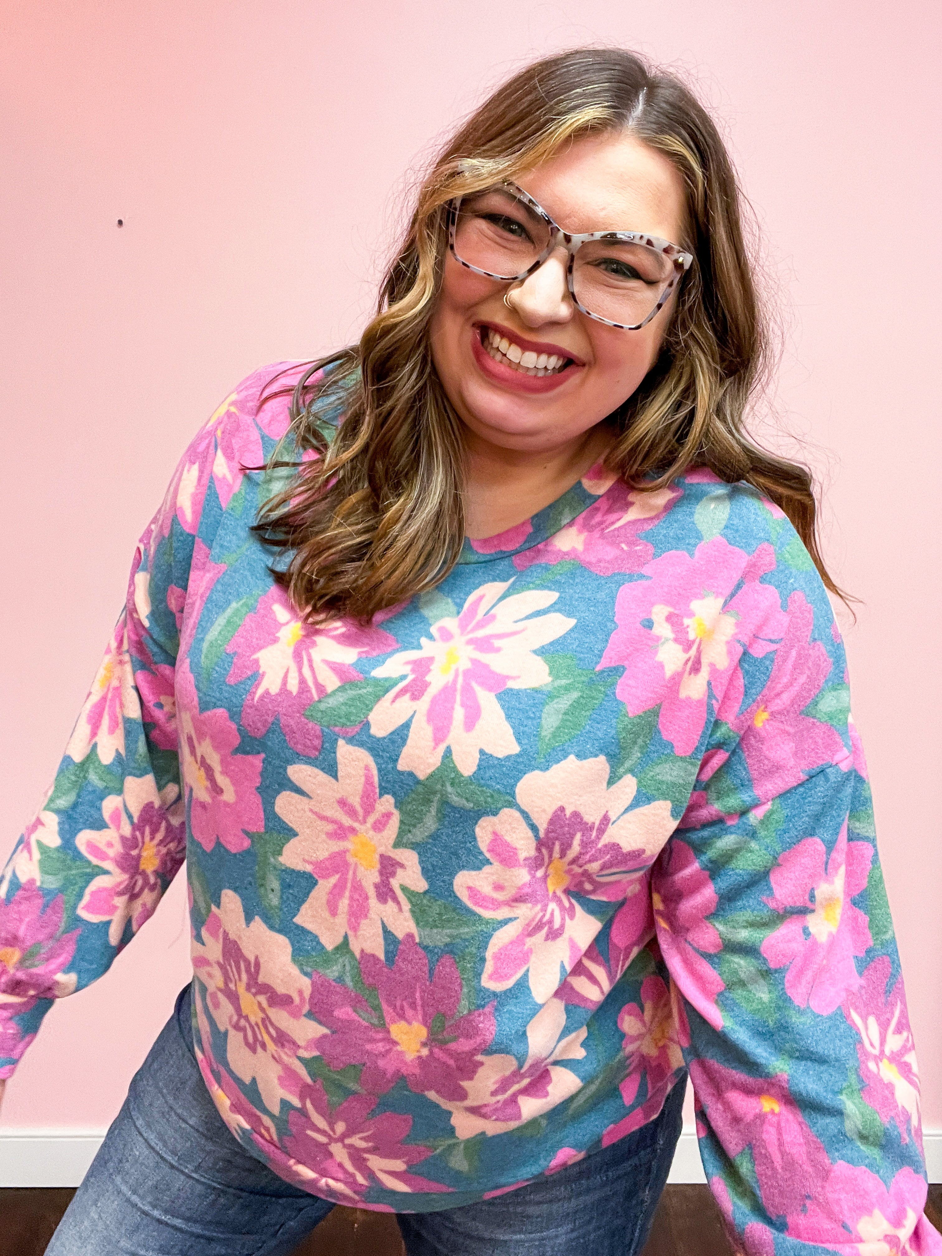 Feels Like Fall Teal Floral Brushed Hacci Sweater Top