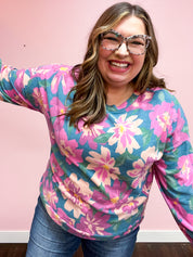 Feels Like Fall Teal Floral Brushed Hacci Sweater Top