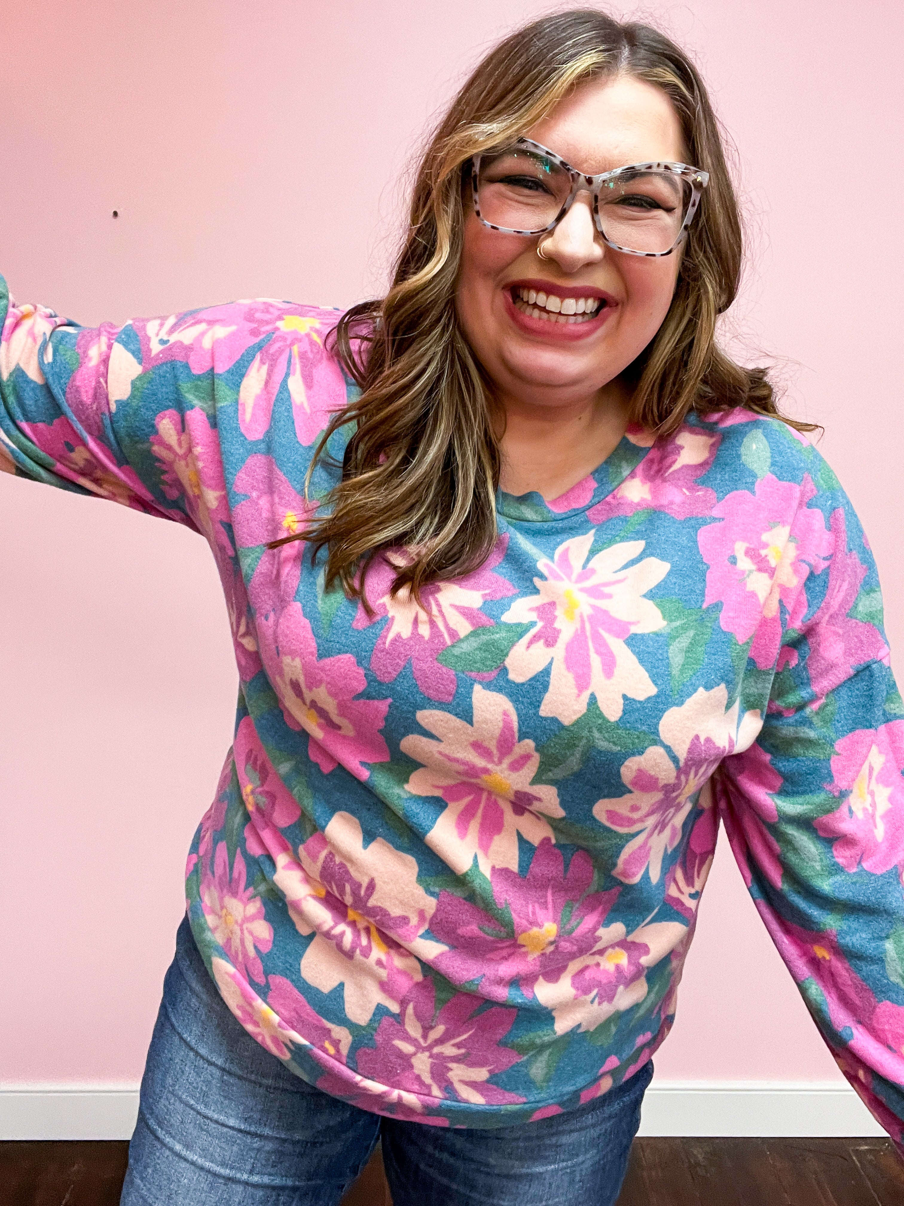 Feels Like Fall Teal Floral Brushed Hacci Sweater Top