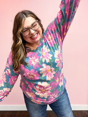 Feels Like Fall Teal Floral Brushed Hacci Sweater Top