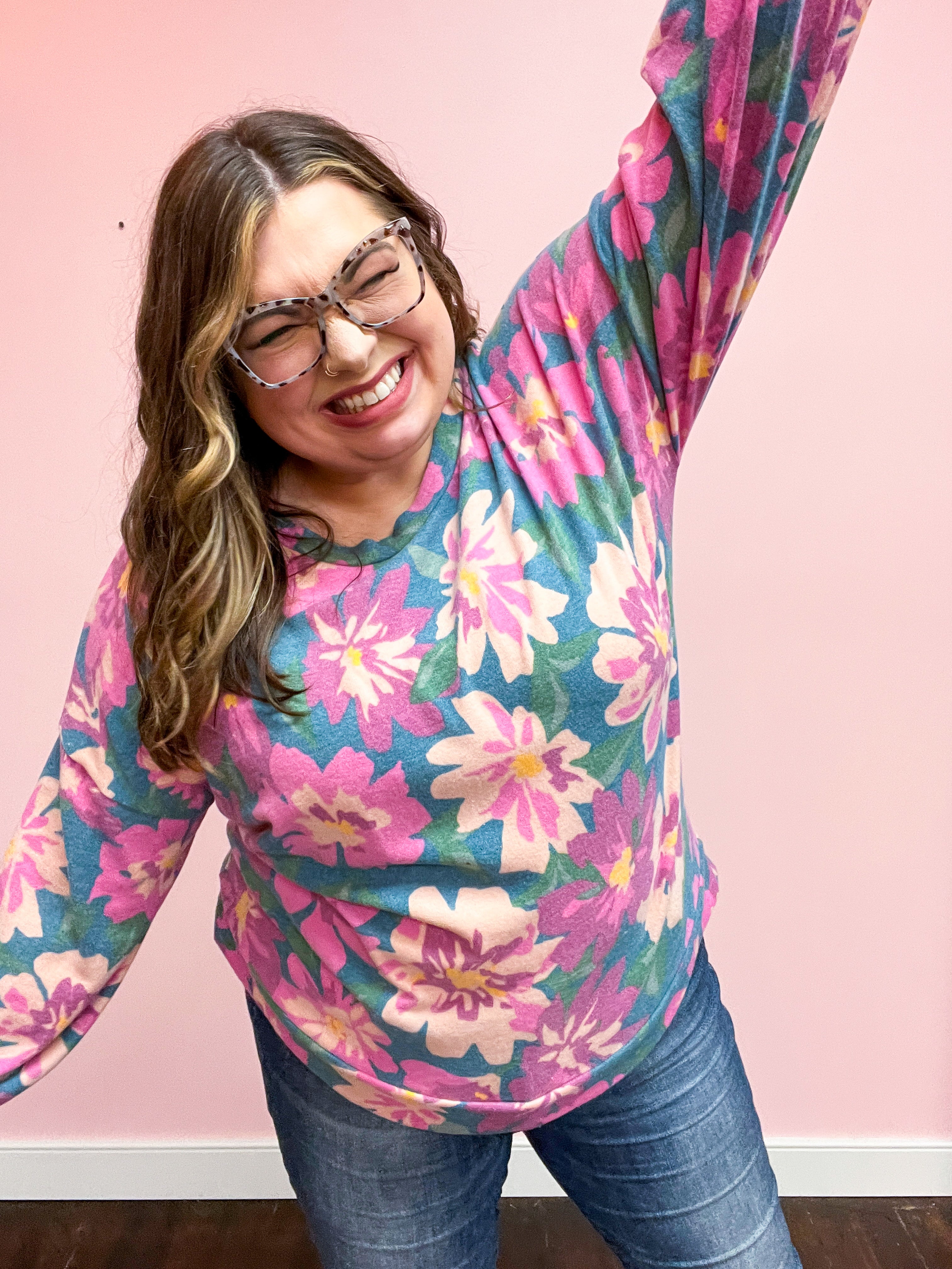 Feels Like Fall Teal Floral Brushed Hacci Sweater Top
