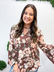 I've Got You On My Mind Floral Keyhole & Bell Sleeve Top - Brown & Marsala