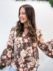 I've Got You On My Mind Floral Keyhole & Bell Sleeve Top - Brown & Marsala