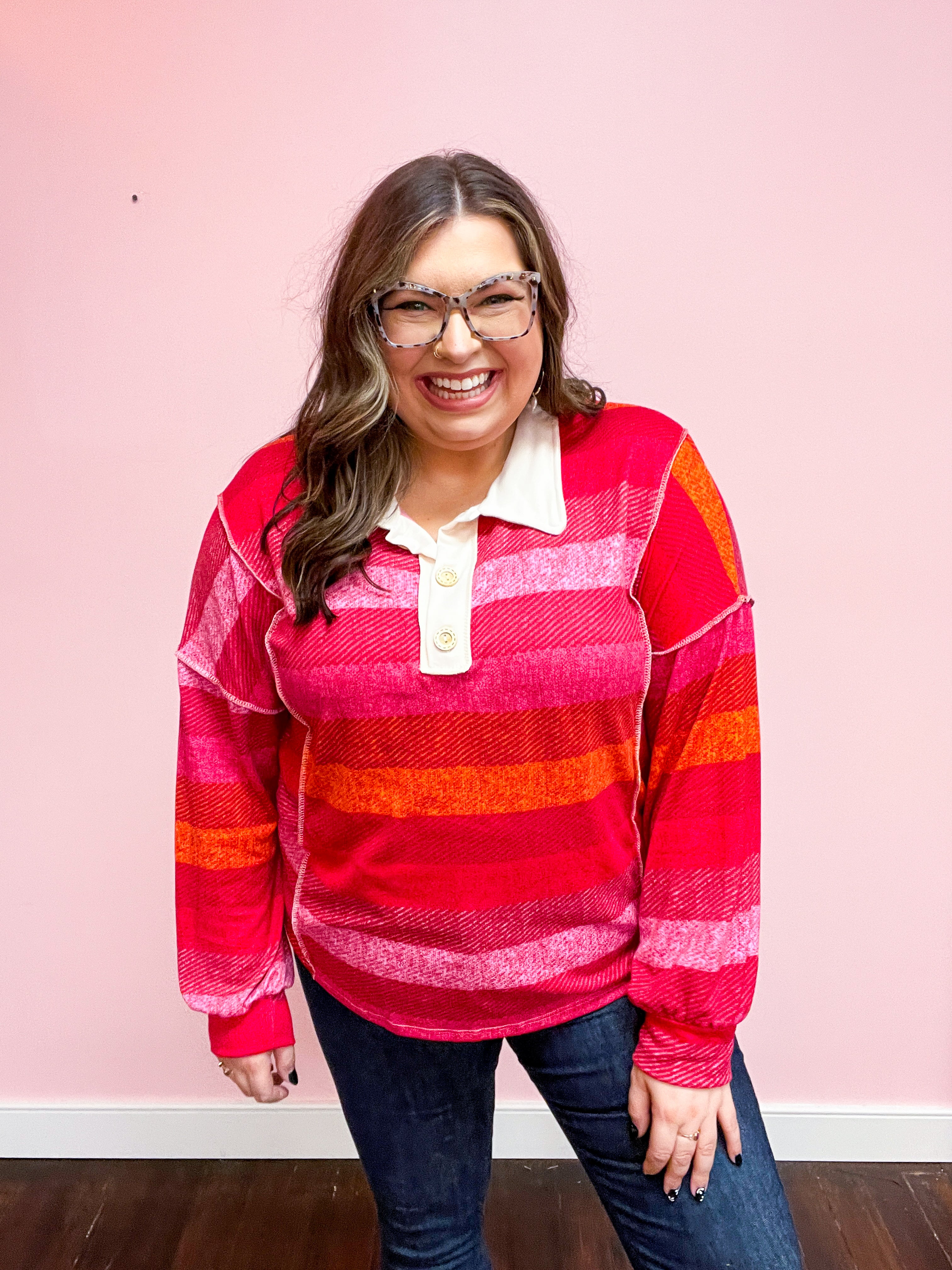 Boldly You Magenta Striped Button Down Placket Collared Top