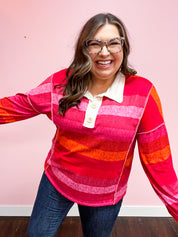Boldly You Magenta Striped Button Down Placket Collared Top