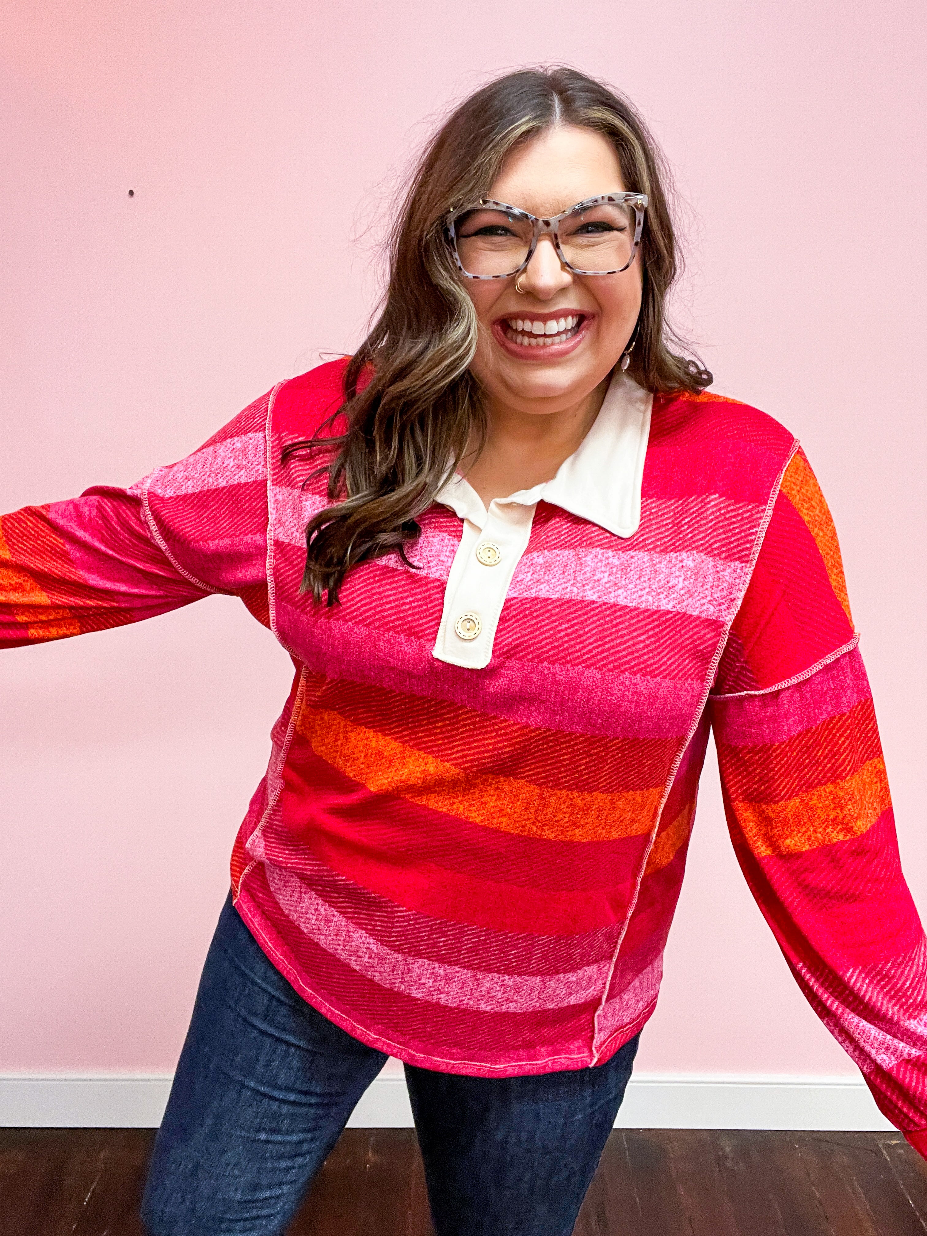 Boldly You Magenta Striped Button Down Placket Collared Top