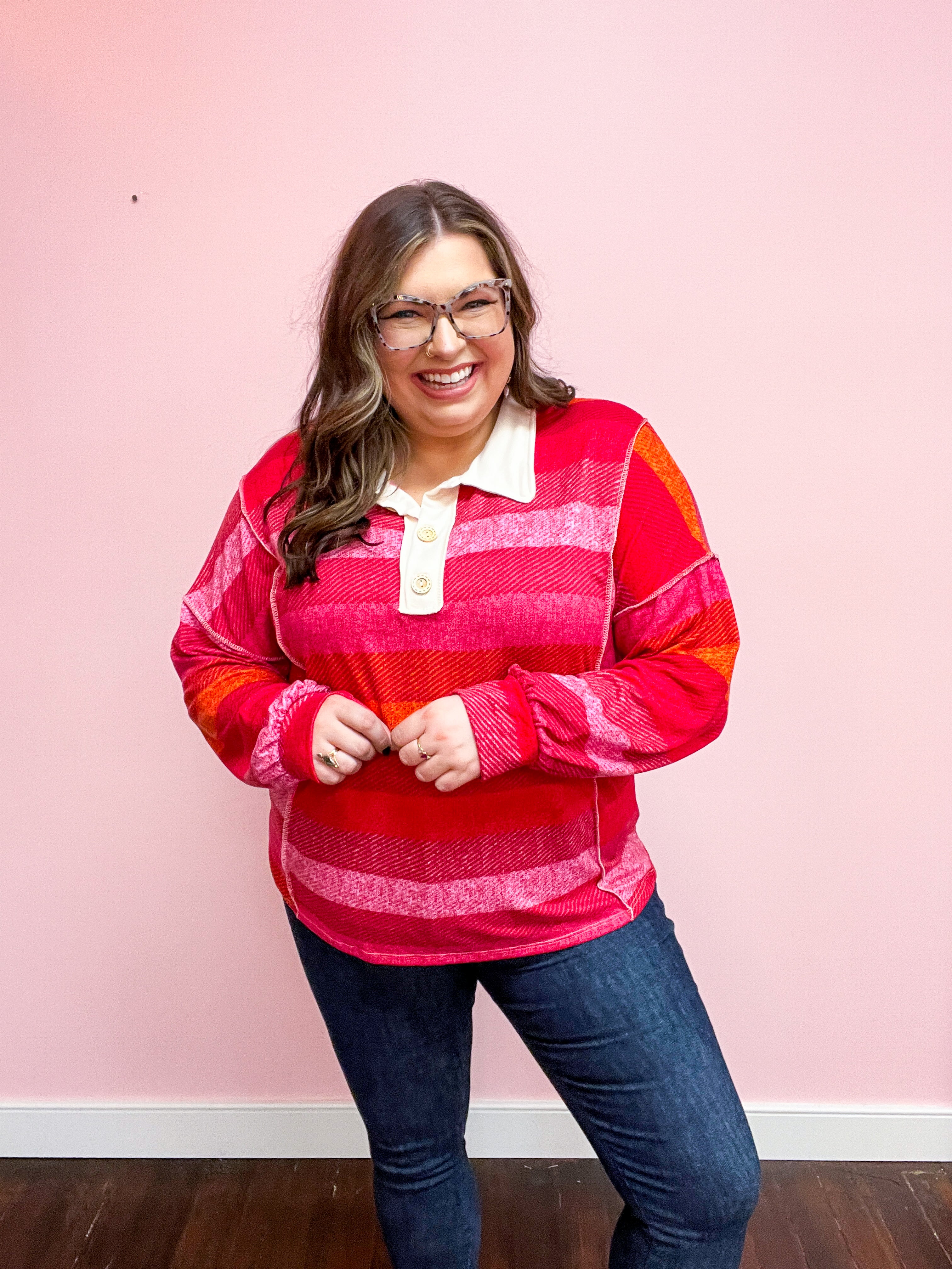Boldly You Magenta Striped Button Down Placket Collared Top