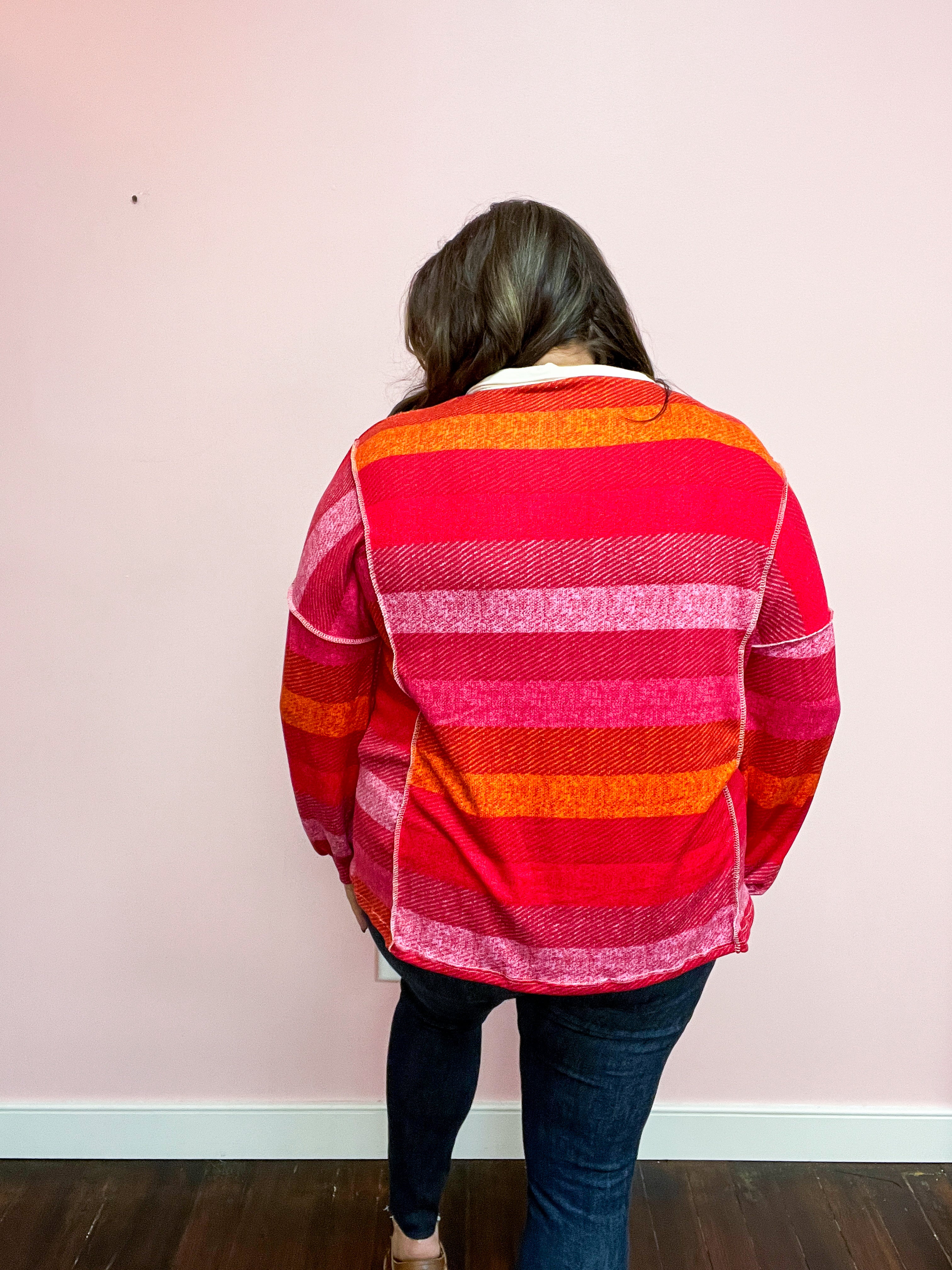 Boldly You Magenta Striped Button Down Placket Collared Top